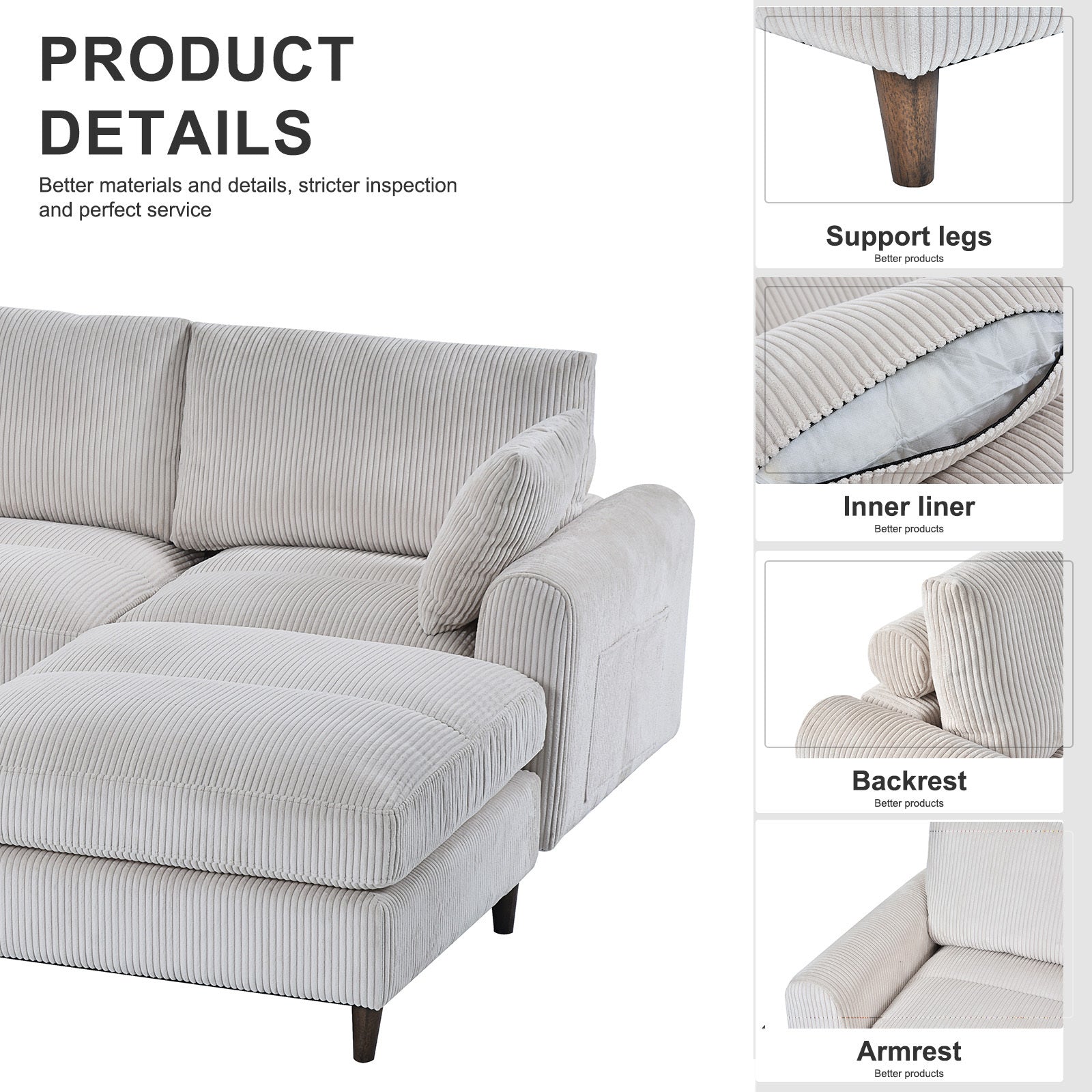 6-Seat Corduroy Modular Sofa, U/L Shape with Footstool – White