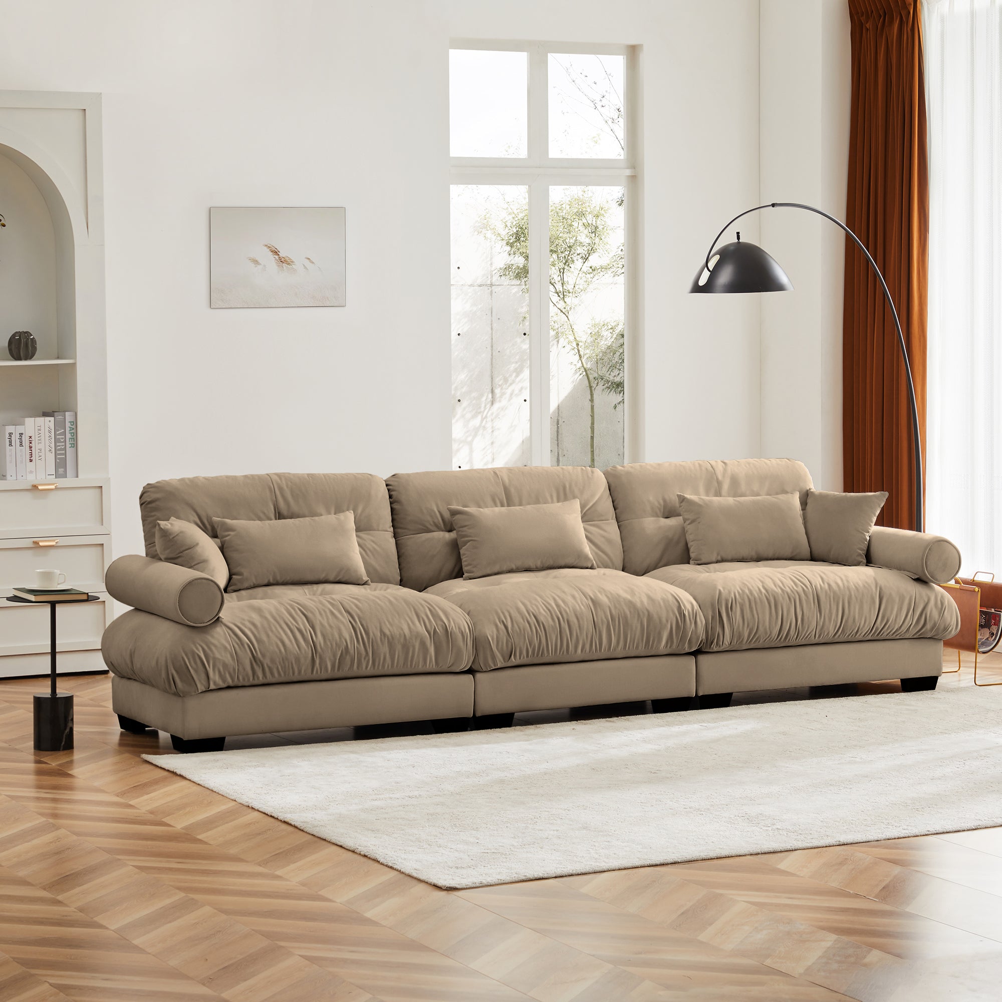 Extra-Large 3-Seater Modern Velvet Sofa, Oversized Cloud-Like Comfort with Waist and Throw Pillows, Camel