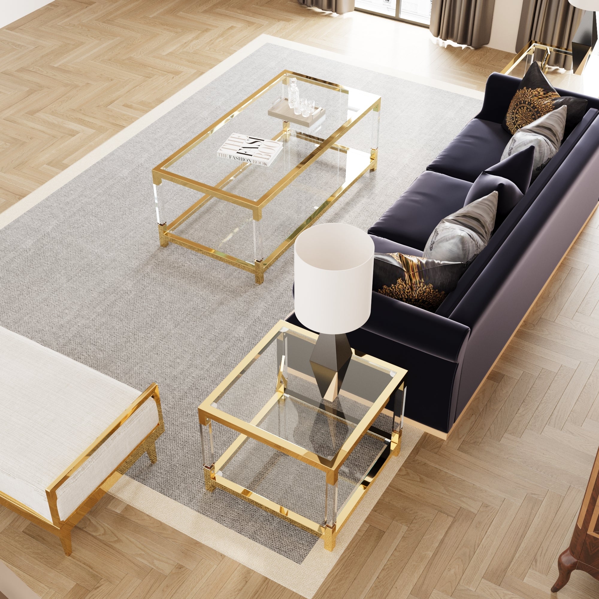 Modern minimalist living room furniture set, stylish transparent acrylic leg coffee table, square edge table, tempered glass face tea table combination gold end table