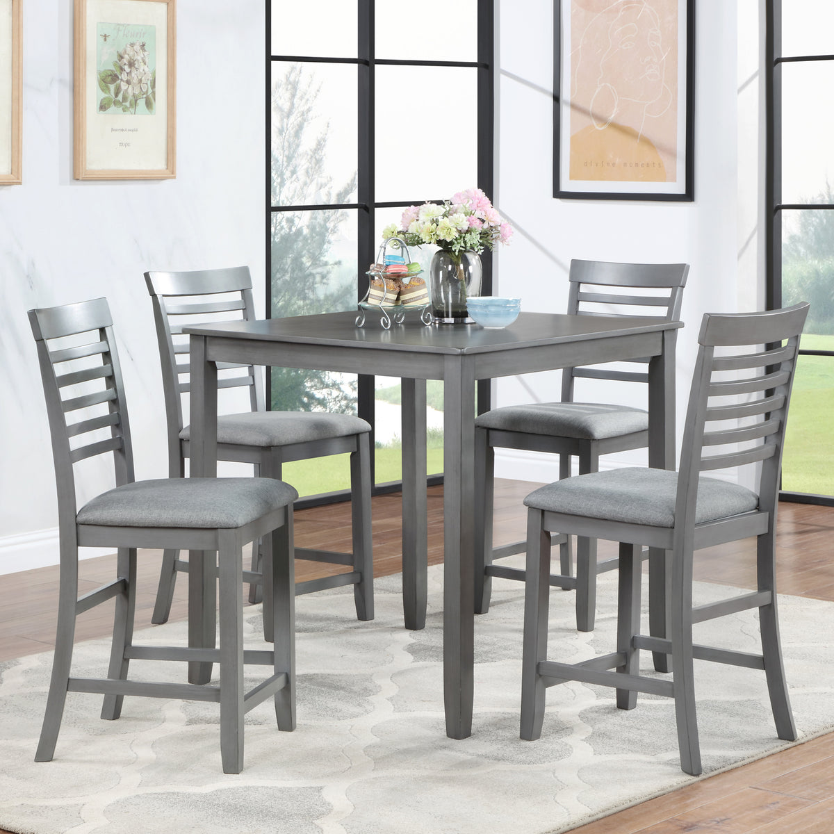 5 Piece Dining Table Set, Wooden Dining Square Table Set for 4, Counter Height Kitchen Table Set with Square Table and 4 Upholstered Chairs for Small Space, Gray