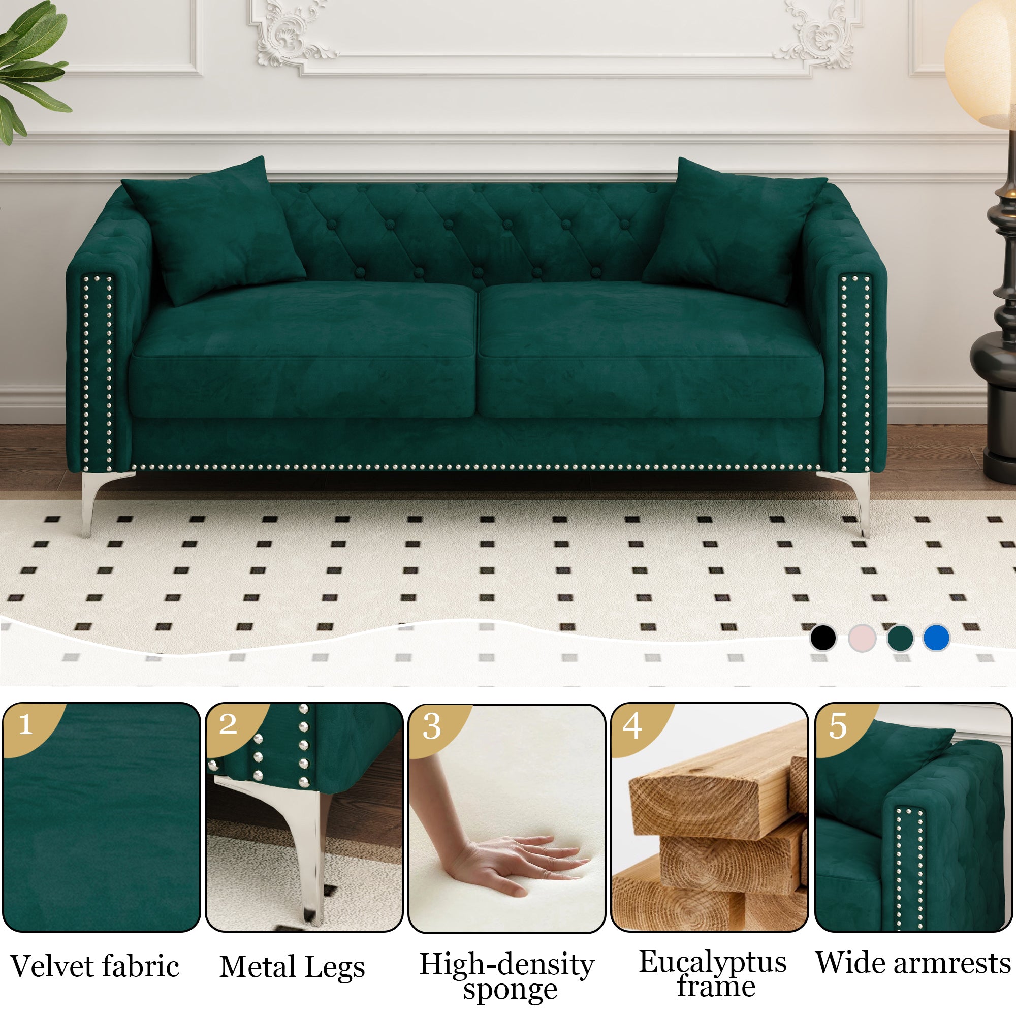 83" Green Velvet 3-Seater Sofa with 2 Comfy Pillows - Perfect Design for Living Room