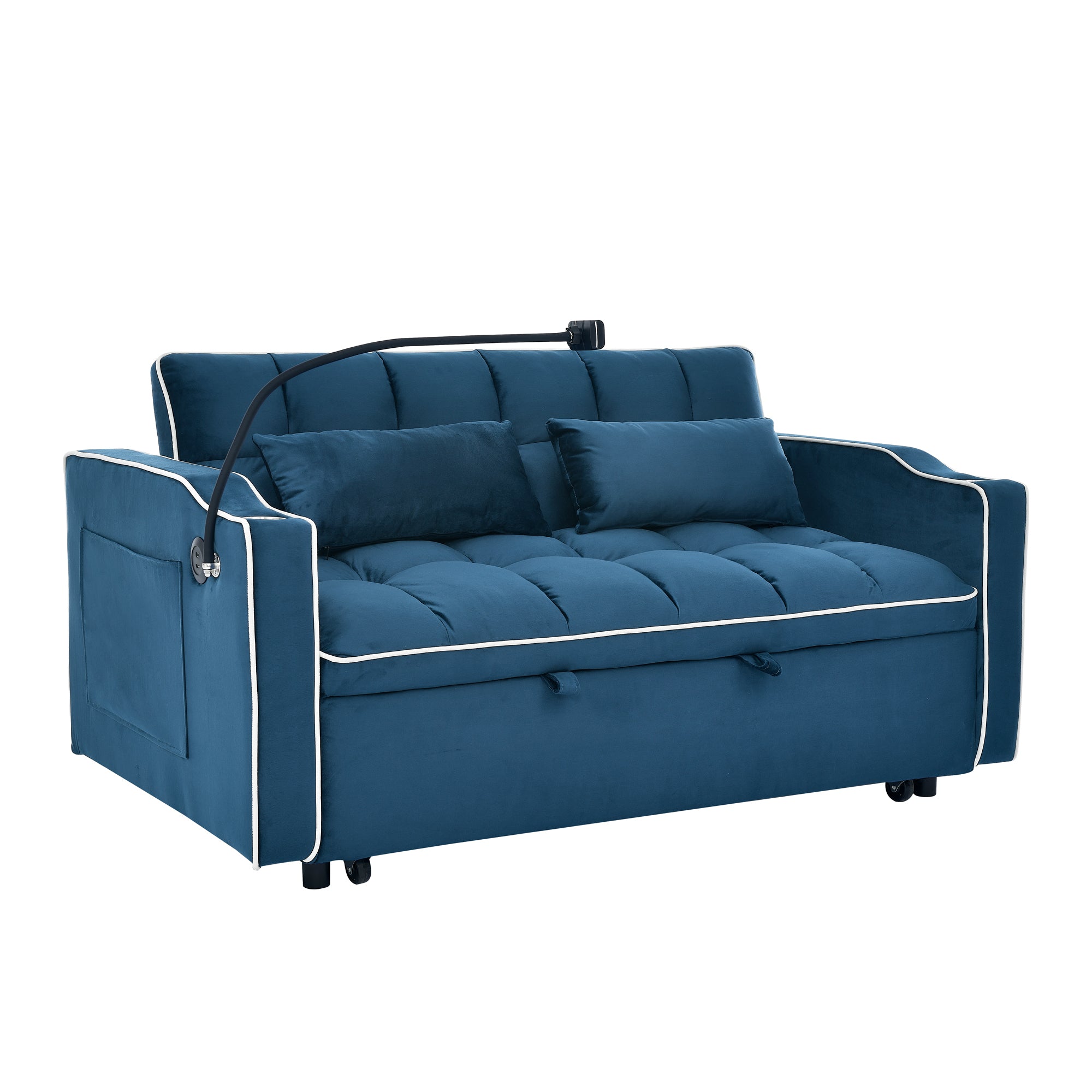 55.51" Foldable Velvet Sofa Bed with Adjustable Back, Pull-Out Design with USB Port, Ashtray, and Swivel Phone Stand, Blue