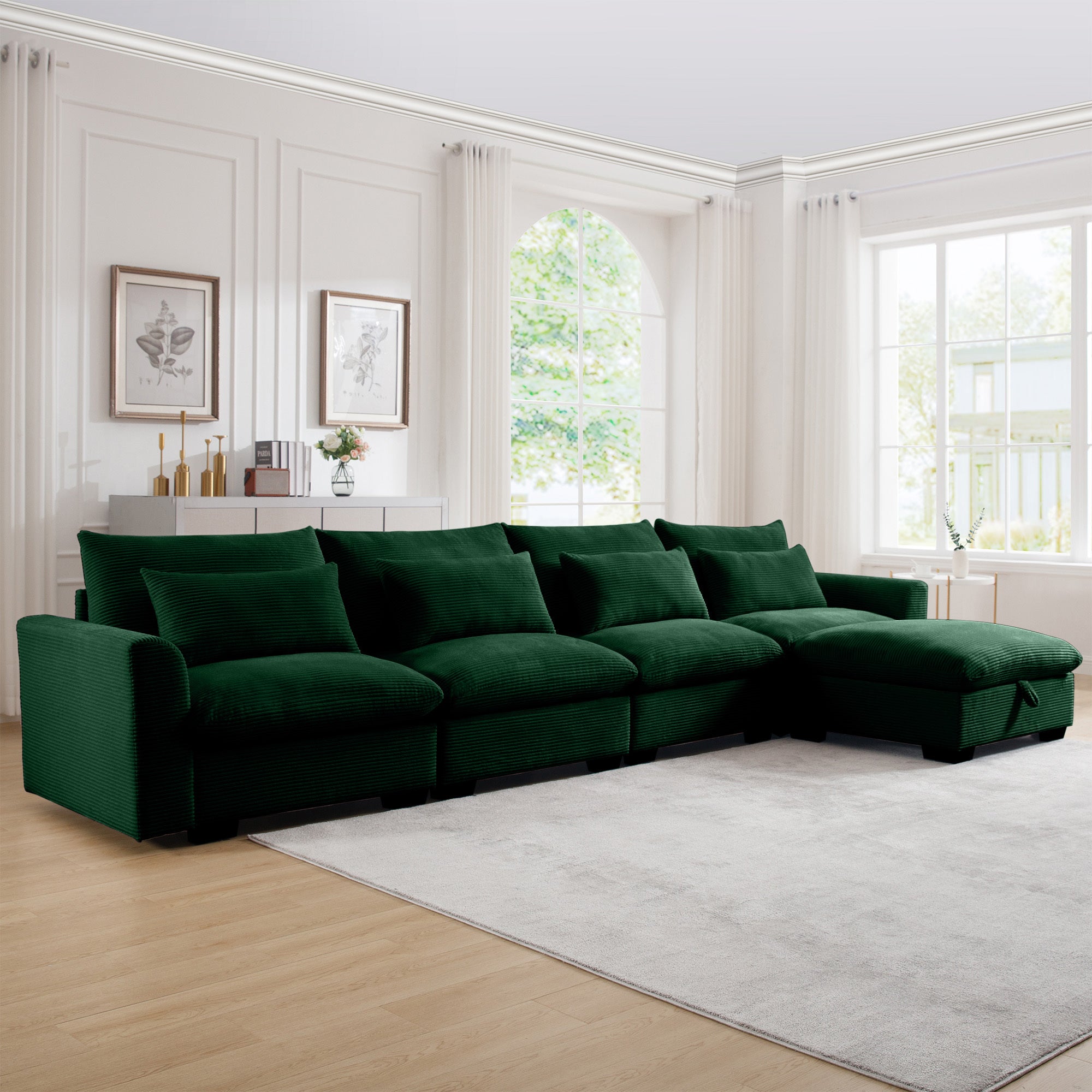 Large L Shape Sectional Corduroy Sofa,Deep Seat Couch with Storage Footstool and 4 Waist Pillows, Green