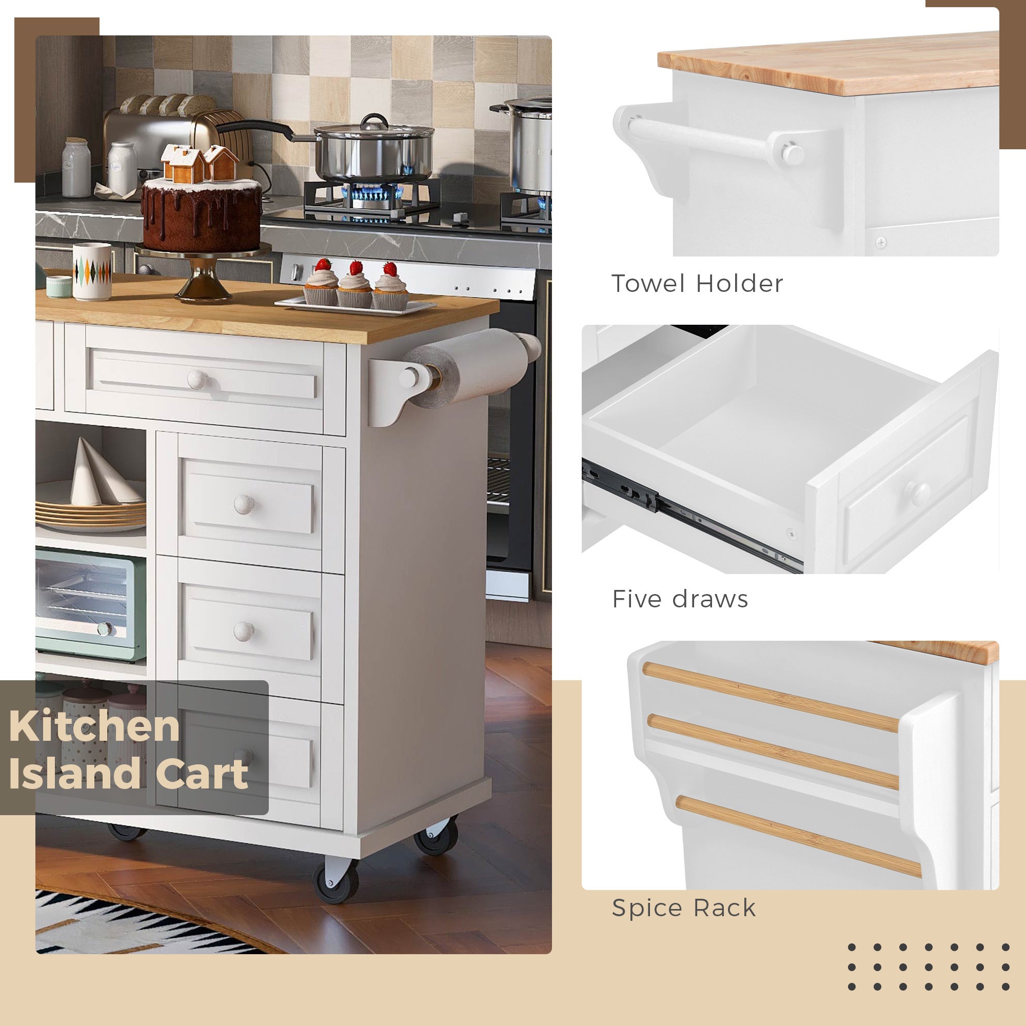 53" Kitchen cart with Rubber wood desktop rolling mobile kitchen island with storage and 5 draws, White