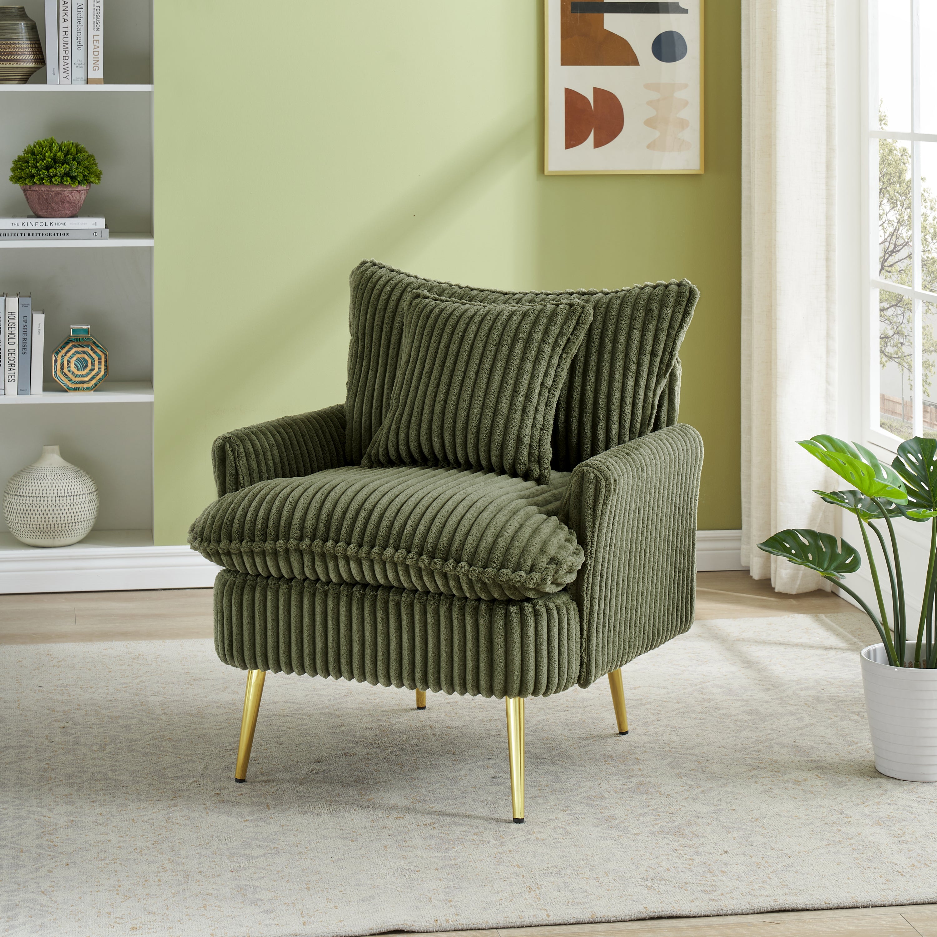 30.31 inch single chair Fashion sofa, green sofa, coarse corduroy fabric, soft and comfortable, suitable for apartment office living room bedroom meeting room