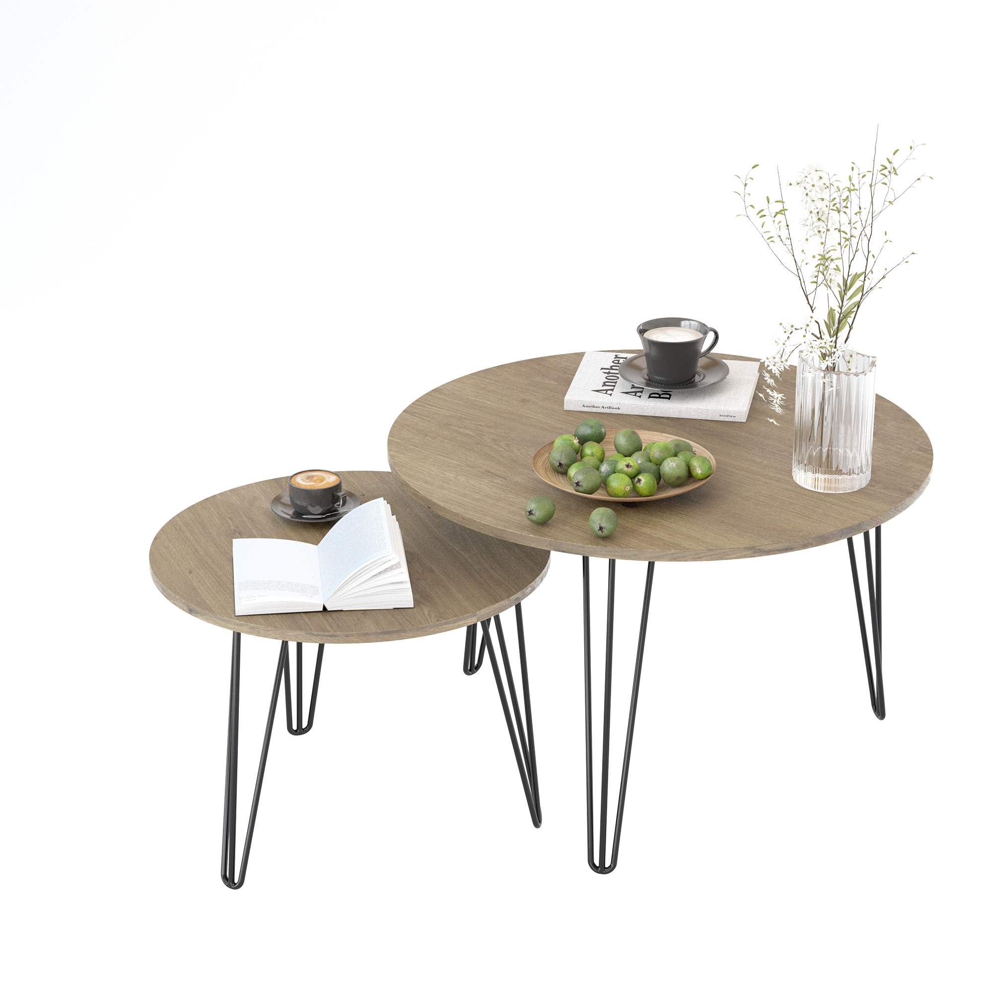 27.56'' Round Nesting Coffee Table Set of 2, Circular Nesting End Table Set, Round Wooden Tabletop, and Sturdy Metal Base for Living Room, bedroom, Brown