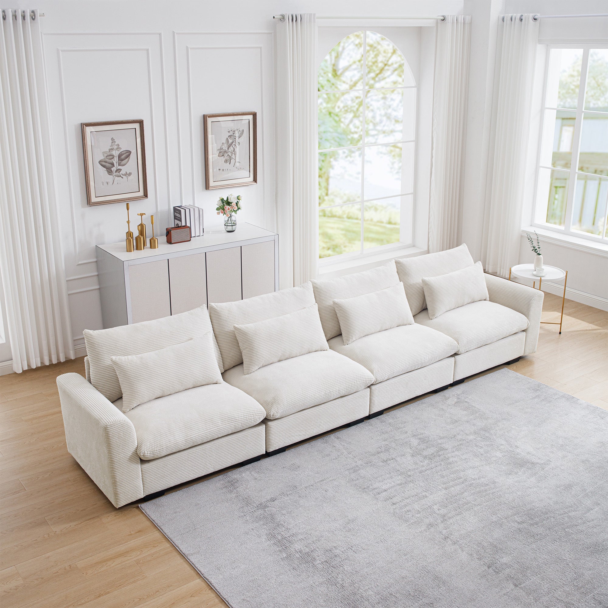 4 Seater Deep Seat Couches for Living Room, Comfy Beige Corduroy Sofas for Living Room Modern with 4 Waist Pillows