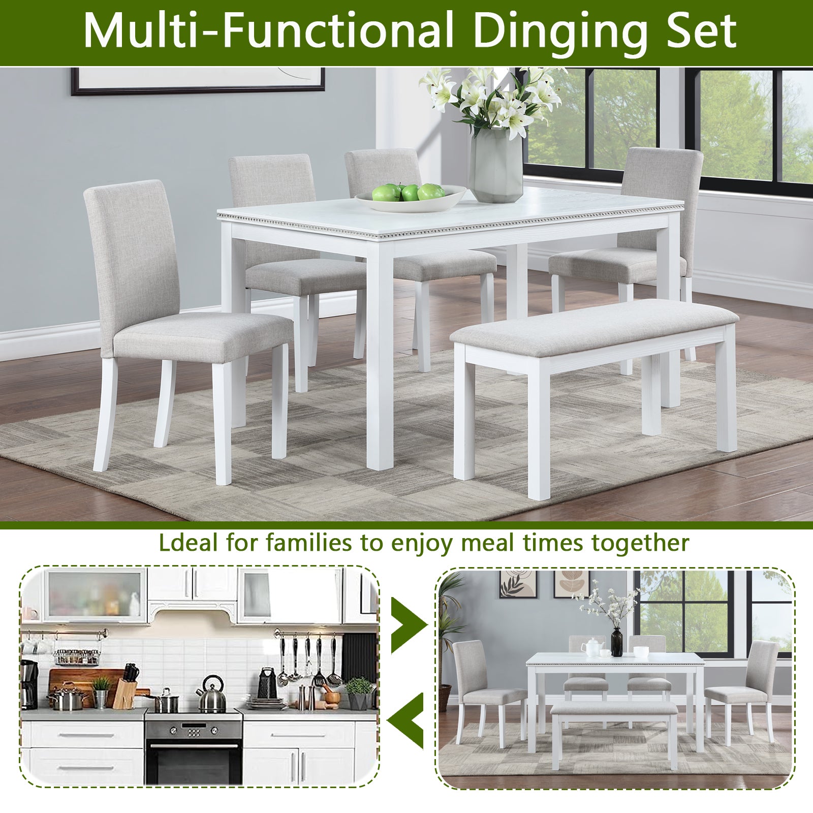 Wooden Dining Rectangular Table with Bench, Kitchen Table with Bench for Small Space, 6 Person Dining Table, White