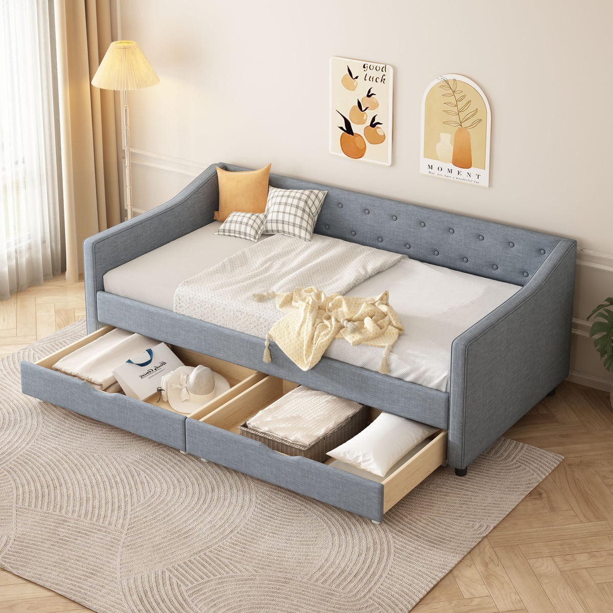 Twin Size Daybed with Drawers Upholstered Tufted Sofa Bed, with Button on Back and Piping on Waved Shape Arms-Light Grey