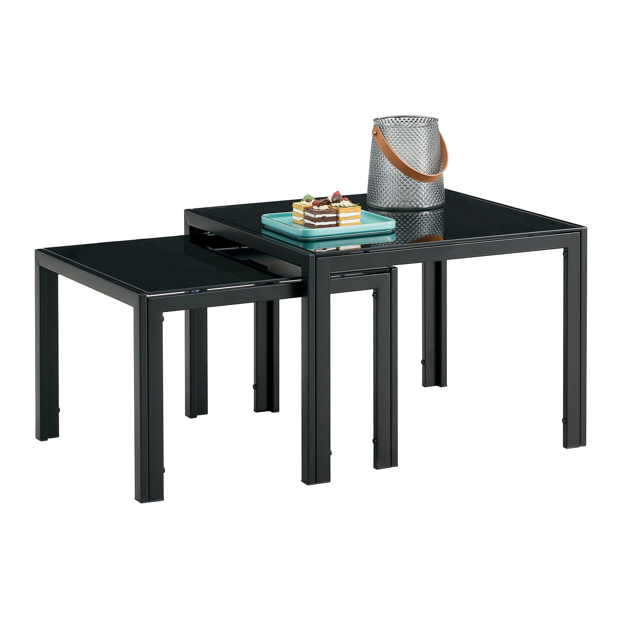 Nesting Coffee Table Set of 2, Square Modern Stacking Table with Tempered Glass Finish for Living Room,Black