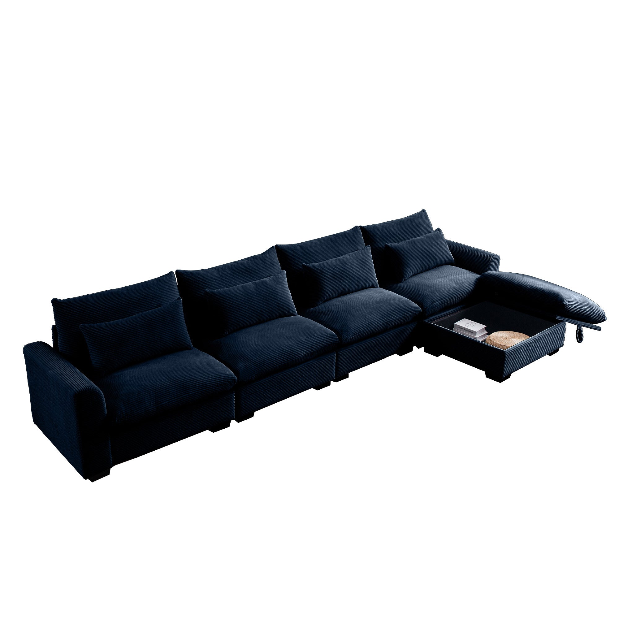 Large L Shape Sectional Corduroy Sofa,Deep Seat Couch with Storage Footstool and 4 Waist Pillows, Blue