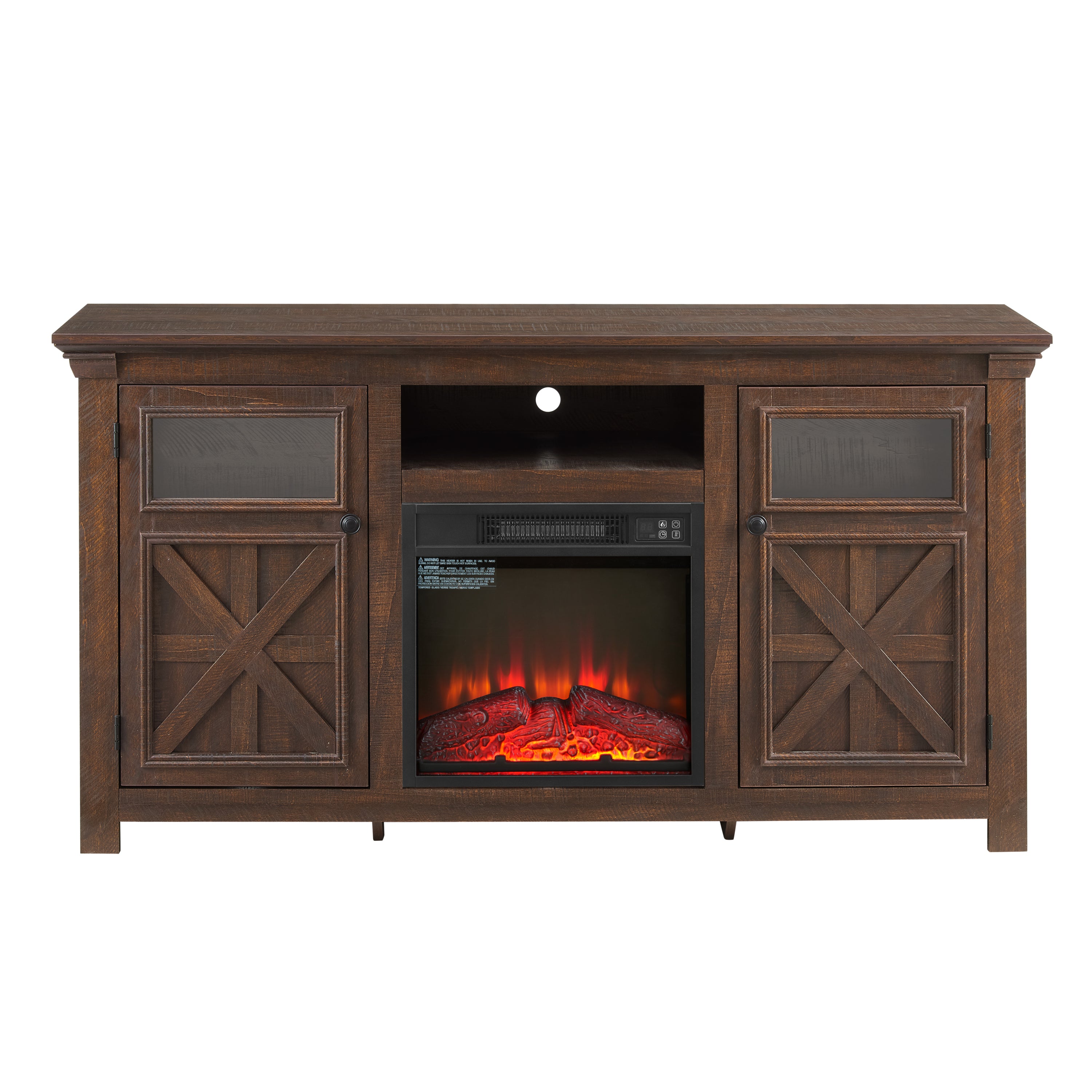 Farmhouse TV Stand with 2 Doors, Barn Design, Large Media Console with 18" Electric Fireplace Insert, Dark Brown