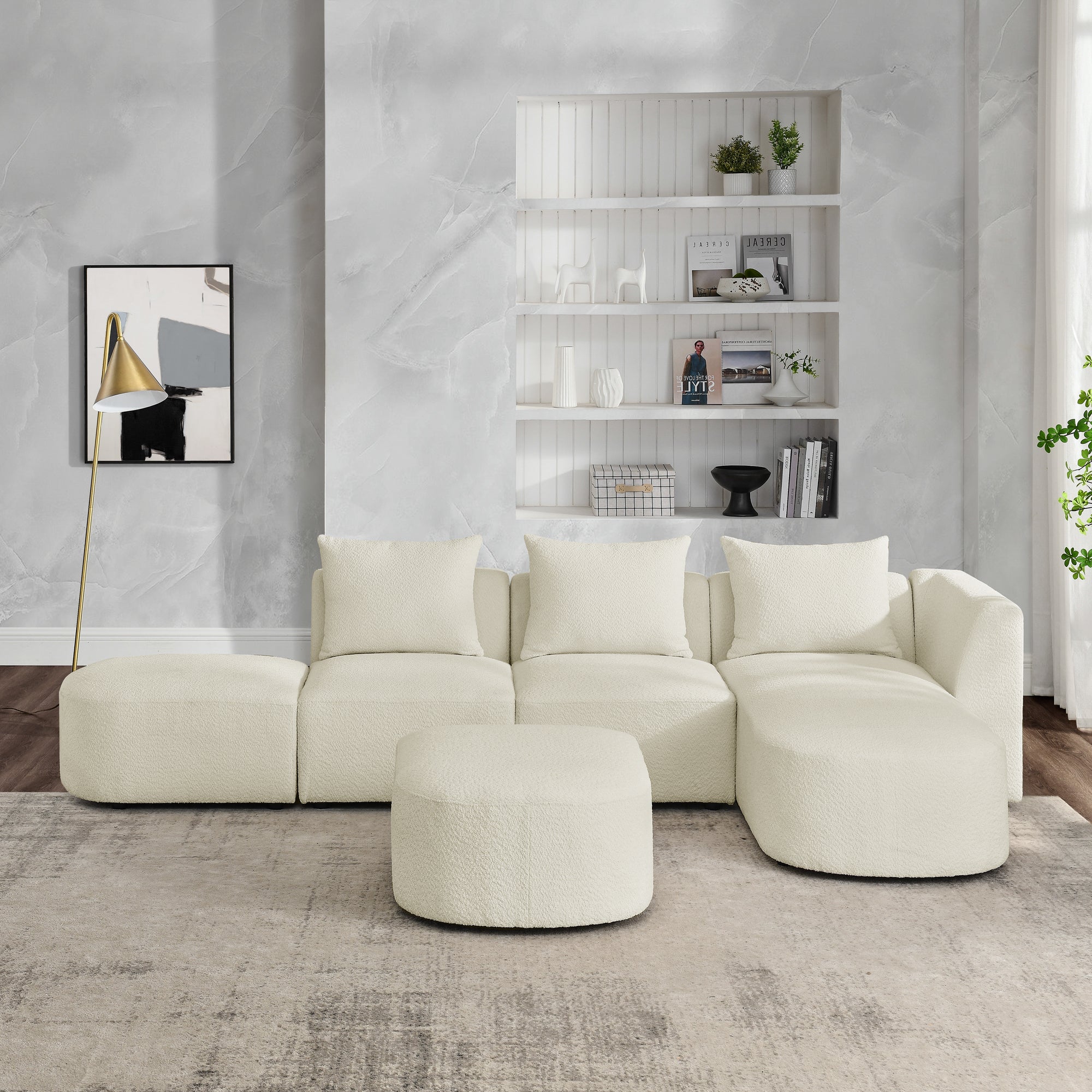 L Shape Sectional Sofa with Right Side Chaise and Ottoman, Modular Sofa, DIY Combination, Loop Yarn Fabric, Beige