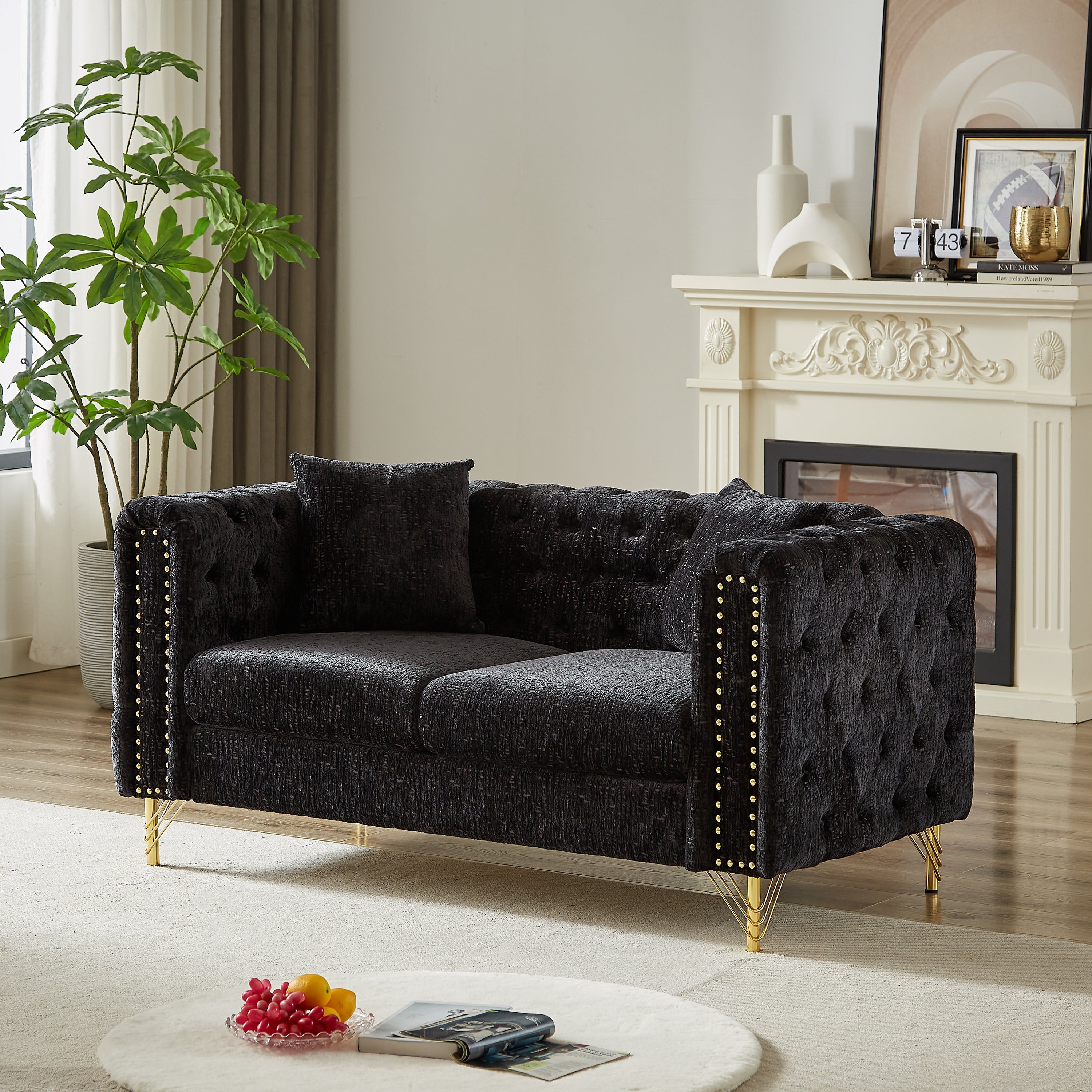 60-Inch Chenille Pull Buckle Design Sofa for Living Room,Buttons Tufted With Copper Nail Decoration Armrest, Modern Couch Upholstered Button And Metal Legs