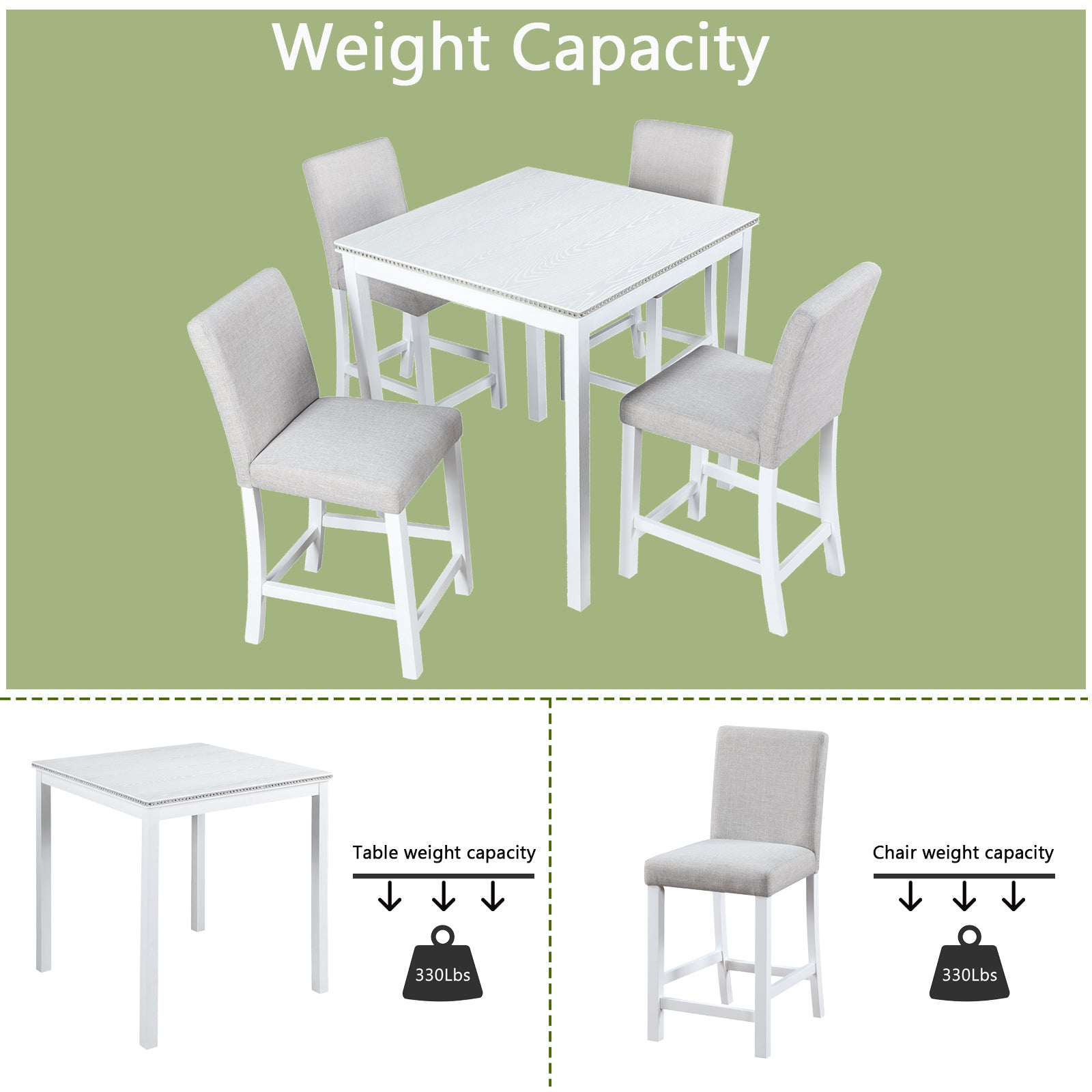 5 Piece Counter Height Table Set, Wooden Kitchen Table Set with Square Table and 4 Upholstered Chairs, Counter Height Dining Table with Crystal Decoration and Chair Set for Kitchen, Dining Room,White