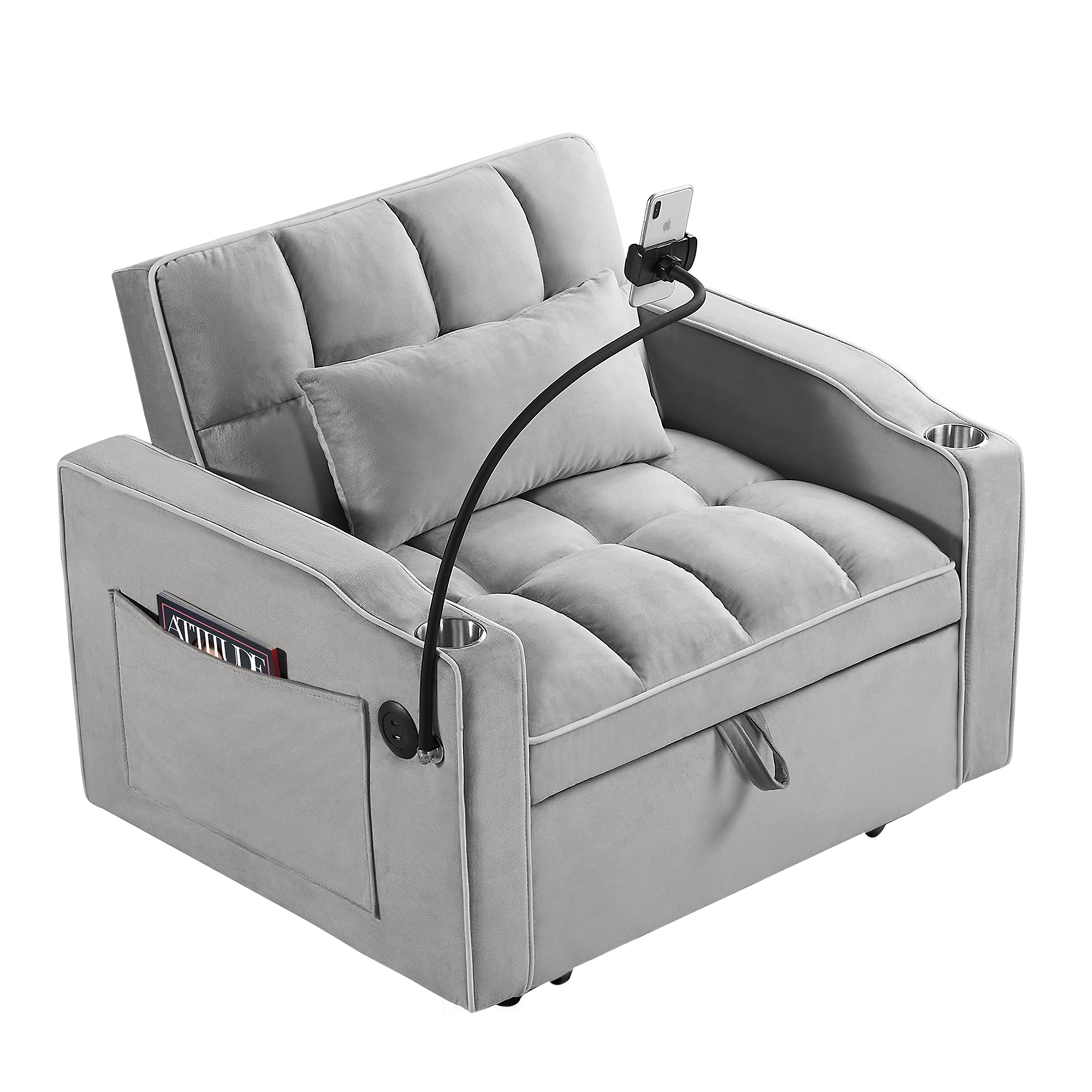 Convertible Chair Sofa Bed, Adjustable Pull-Out Design with Multi-Pockets for Living Room and Small Spaces, Gray