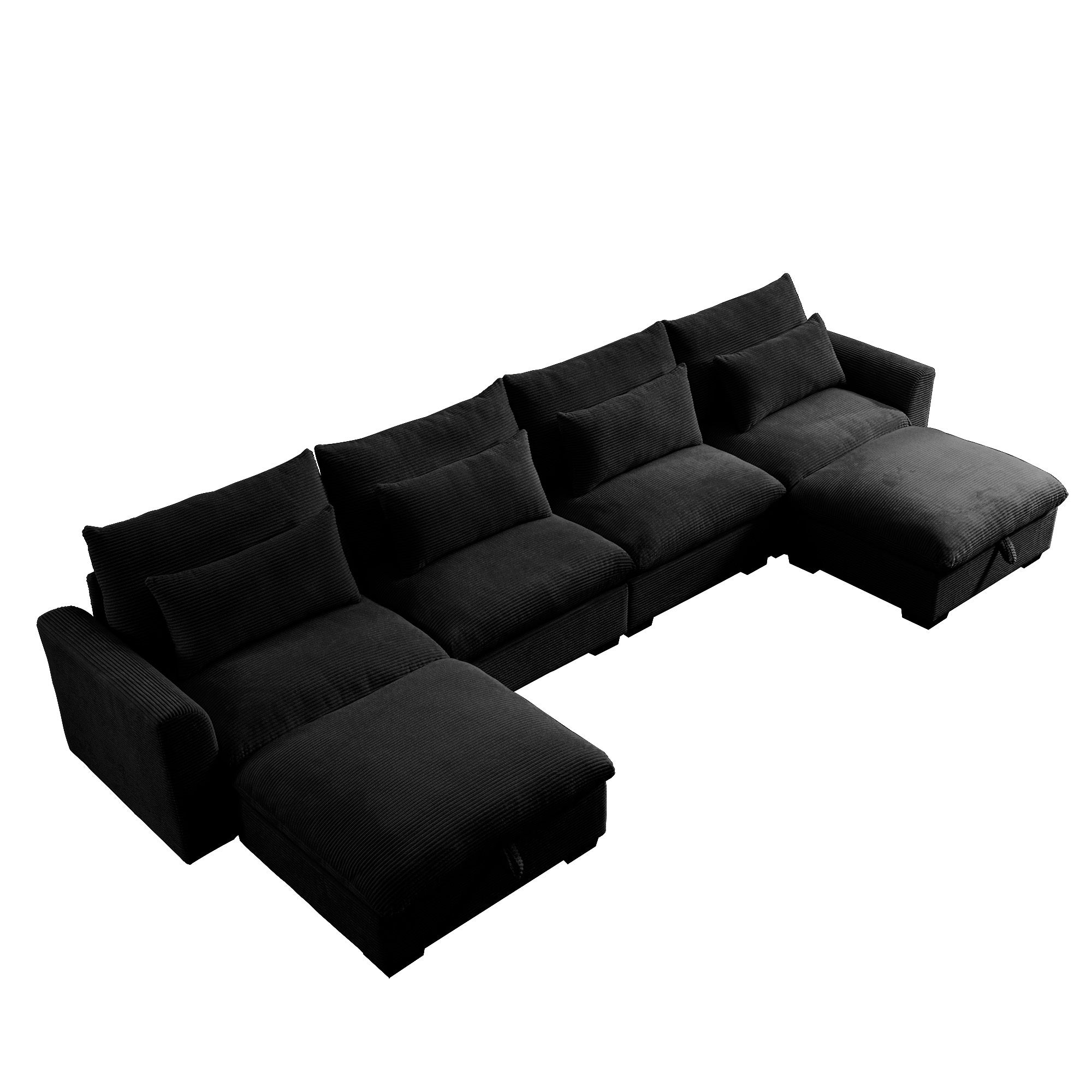 Big Deep Seat U-Shaped Corduroy Sectional Couches for Living Room, 4 Seater Sofa Couch with 2 Storage Footstool and 4 Waist Pillows (Corduroy, Black)