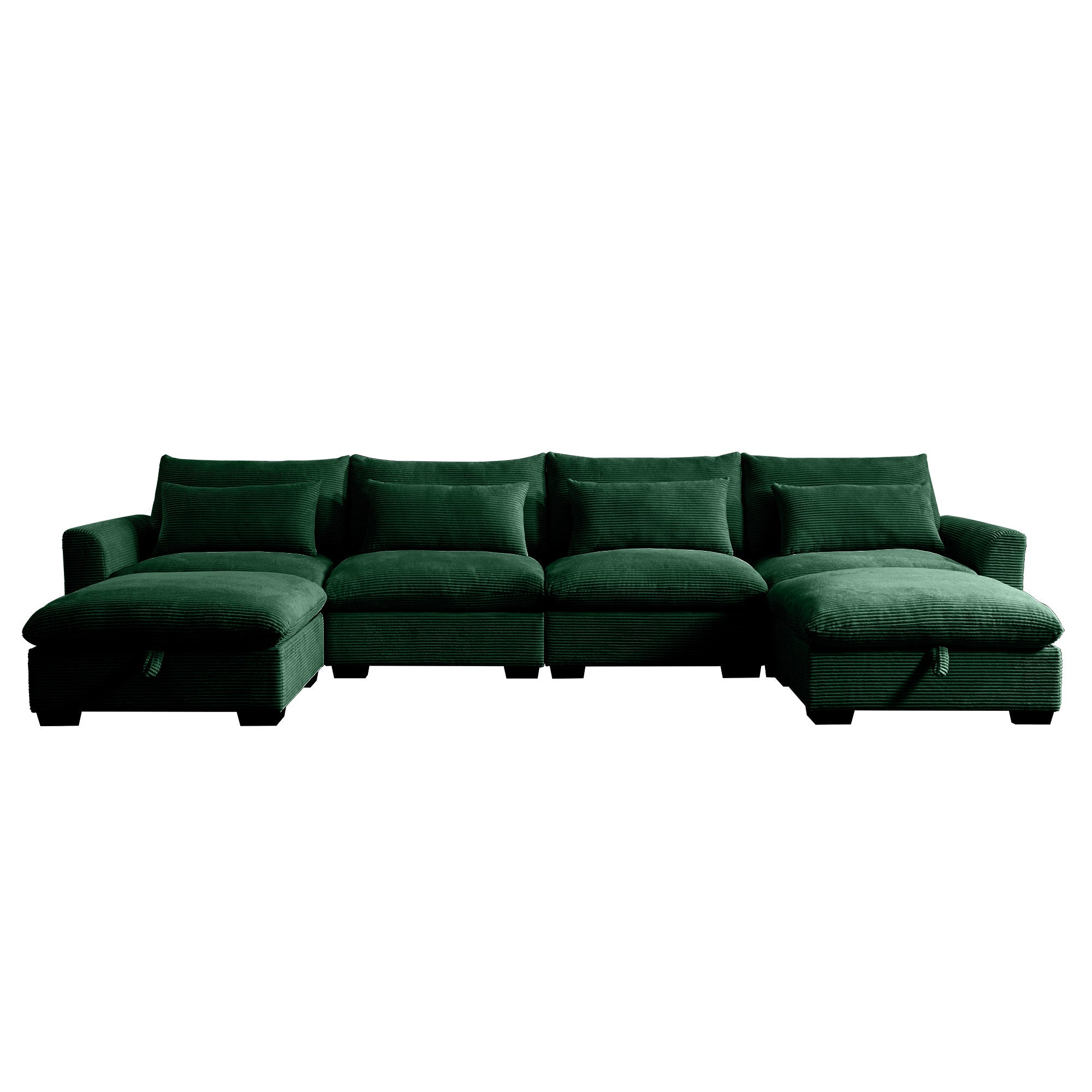 Big Deep Seat U-Shaped Corduroy Sectional Couches for Living Room, 4 Seater Sofa Couch with 2 Storage Footstool and 4 Waist Pillows (Corduroy, Green)