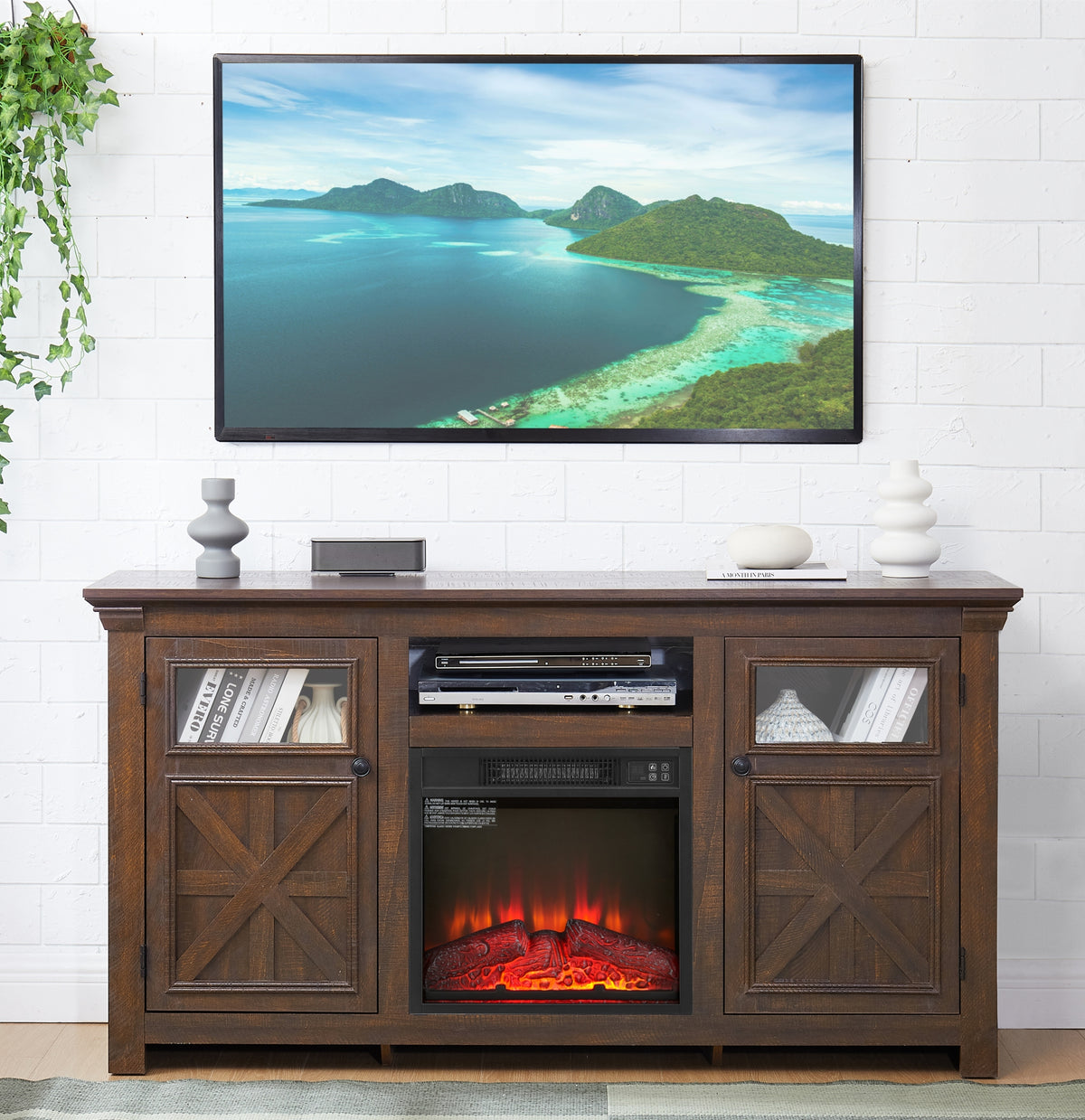 Farmhouse TV Stand with 2 Doors, Barn Design, Large Media Console with 18" Electric Fireplace Insert, Dark Brown