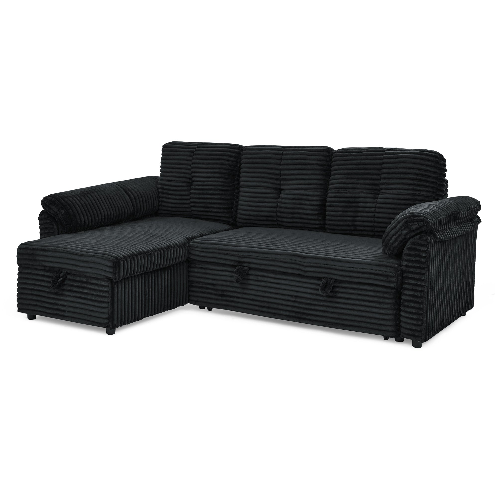 Corduroy Tufted Upholstered Sleeper Sectional Sofa, L-Shaped Modular Convertible Sofa with Reversible Storage Chaise, Pull Out Sleep Couch Bed and Reclining Backrest Perfect for Living Space, Black