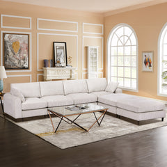 6-Seat Corduroy Modular Sofa, U/L Shape with Footstool – White