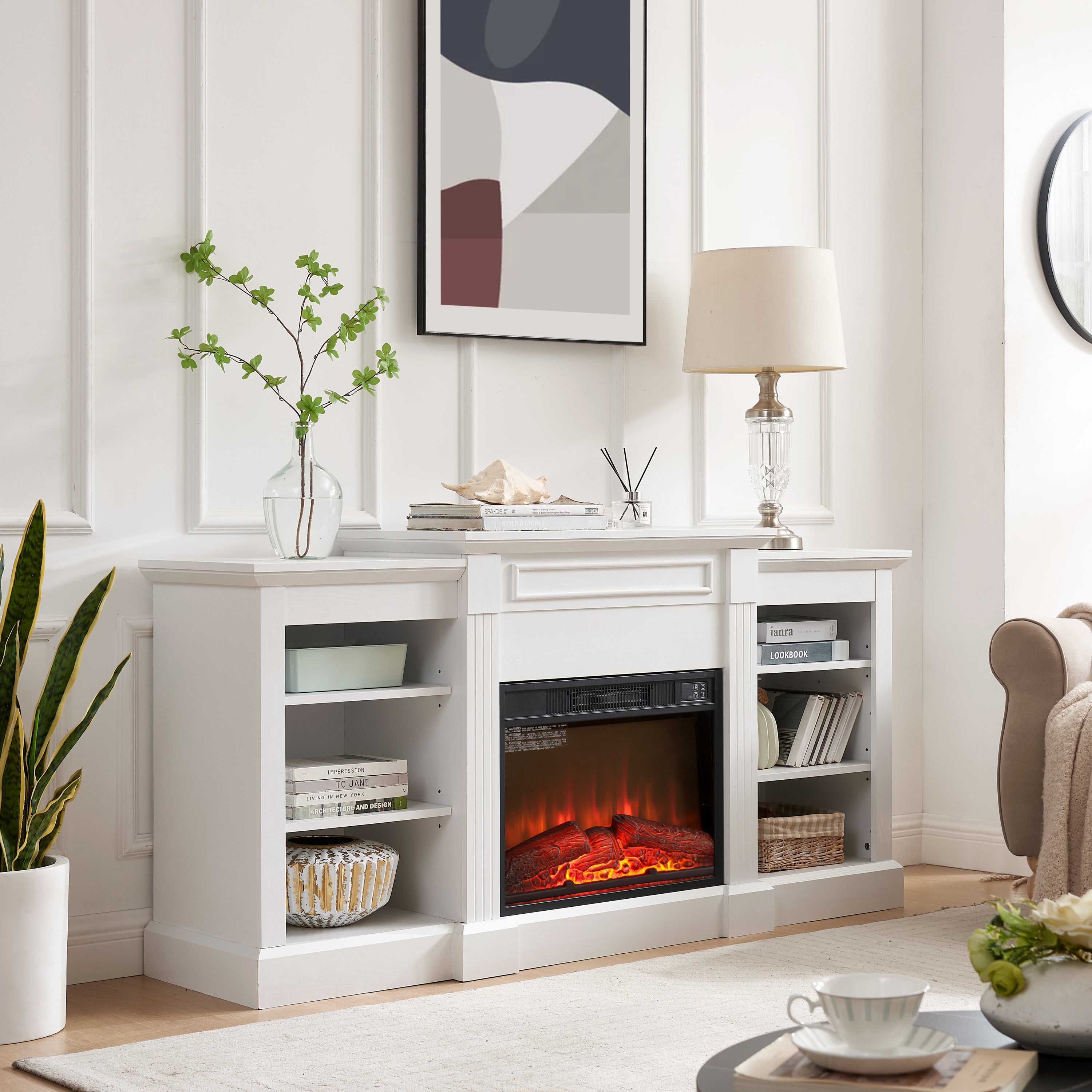 Modern Media Console Table with Large Storage, 23" Fireplace Insert, Fits TVs up to 70", White