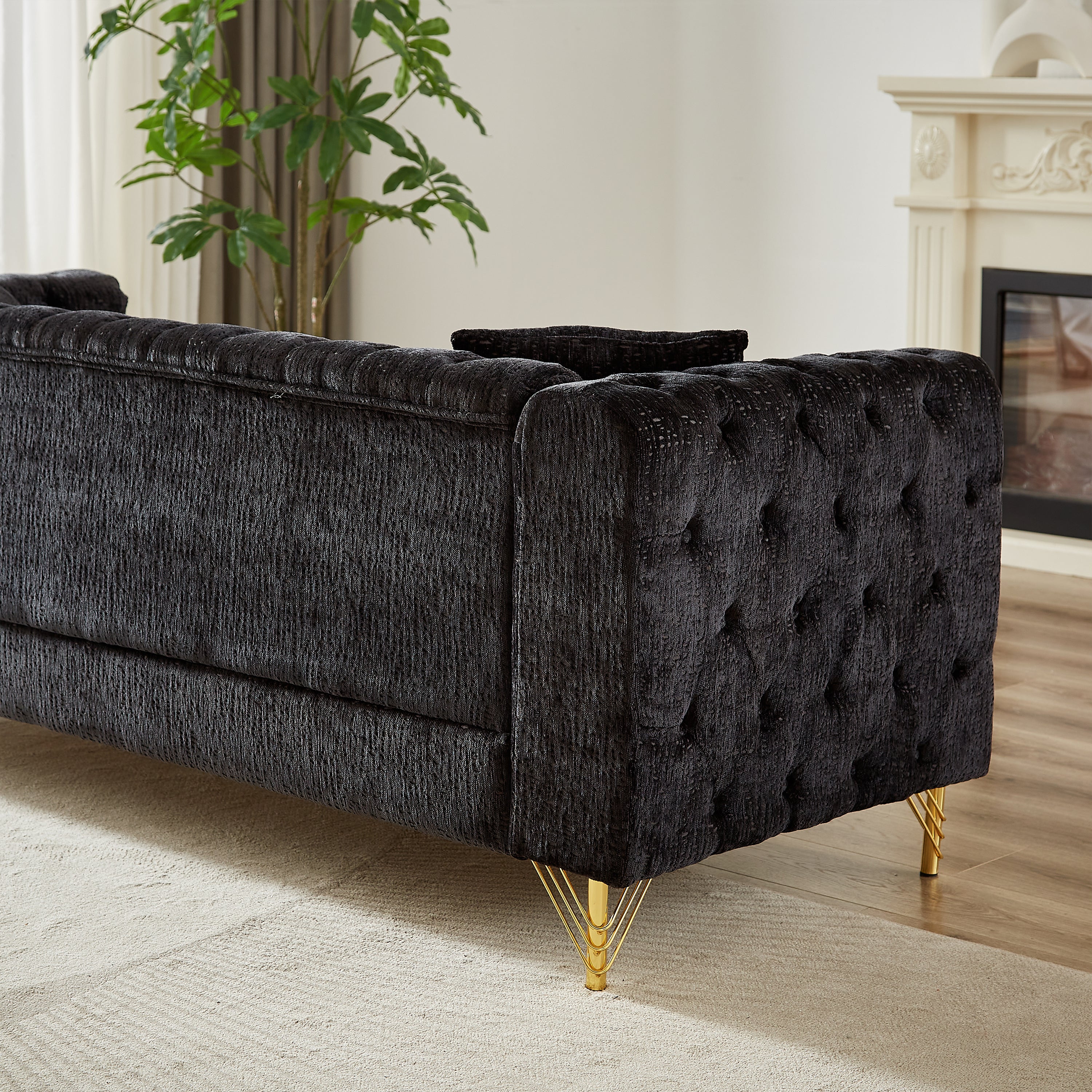 82-Inch Chenille Pull Buckle Design Sofa for Living Room,Buttons Tufted With Copper Nail Decoration Armrest, Modern Couch Upholstered Button And Metal Legs