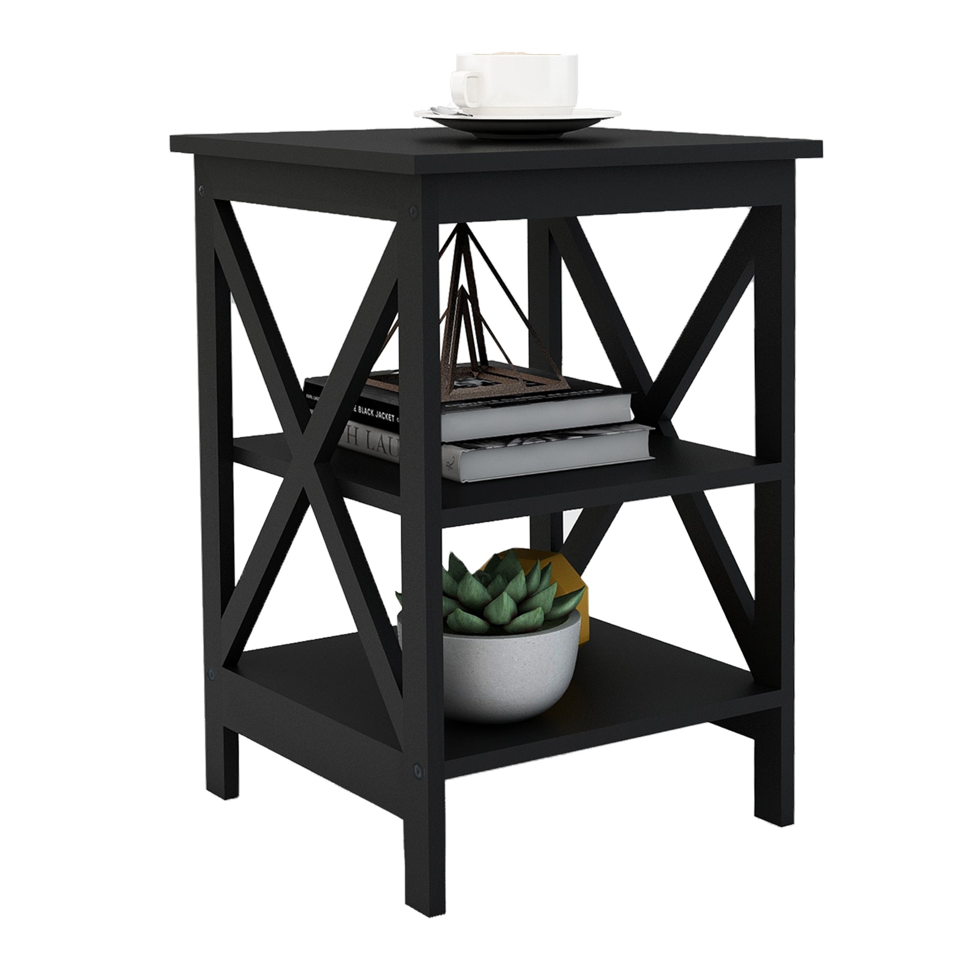 Modern Black MDF End Table with Tiers for Storage - Minimalistic Design for Living Room