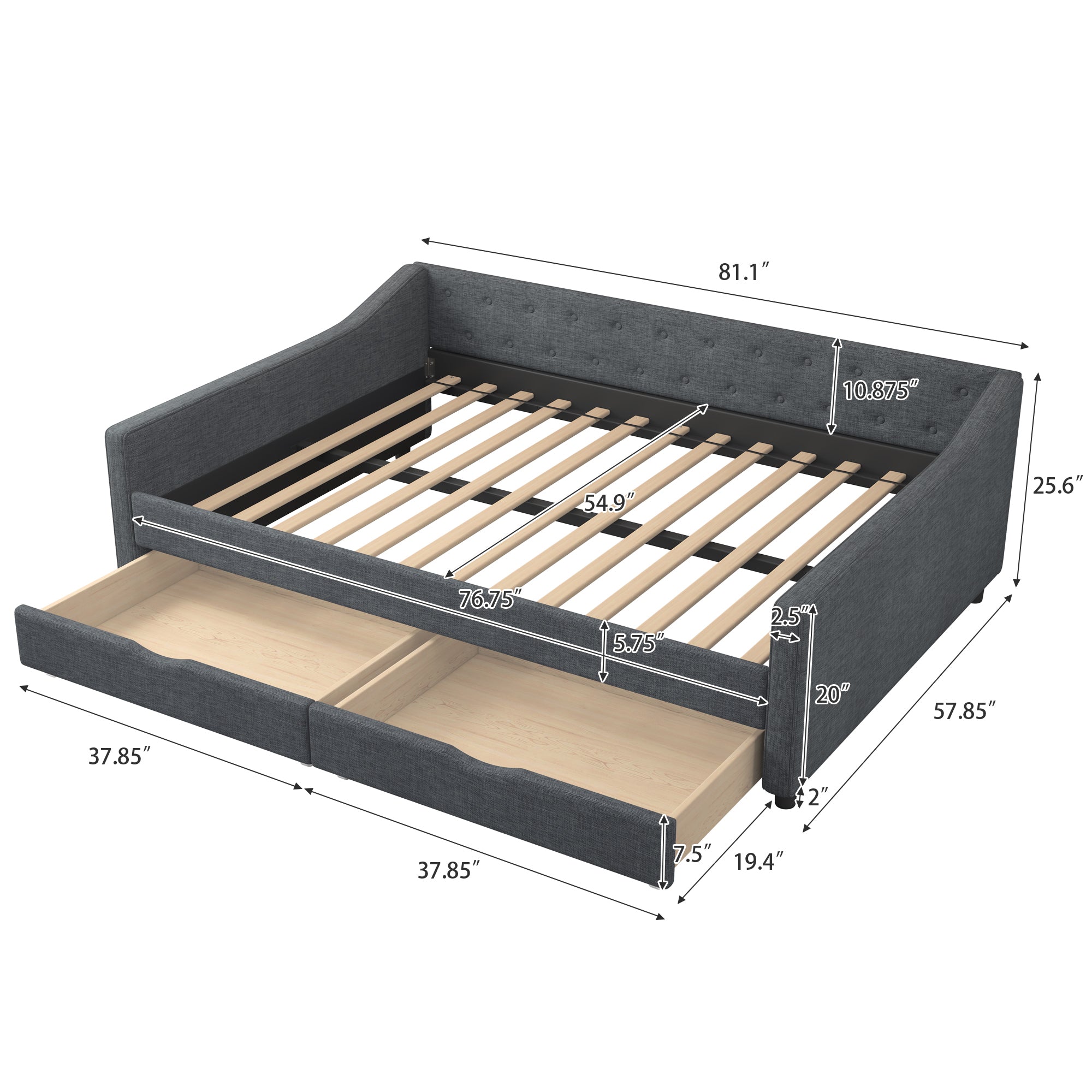 Full Size Daybed with Drawers Upholstered Tufted Sofa Bed, with Button on Back and Piping on Waved Shape Arms-Dark Grey