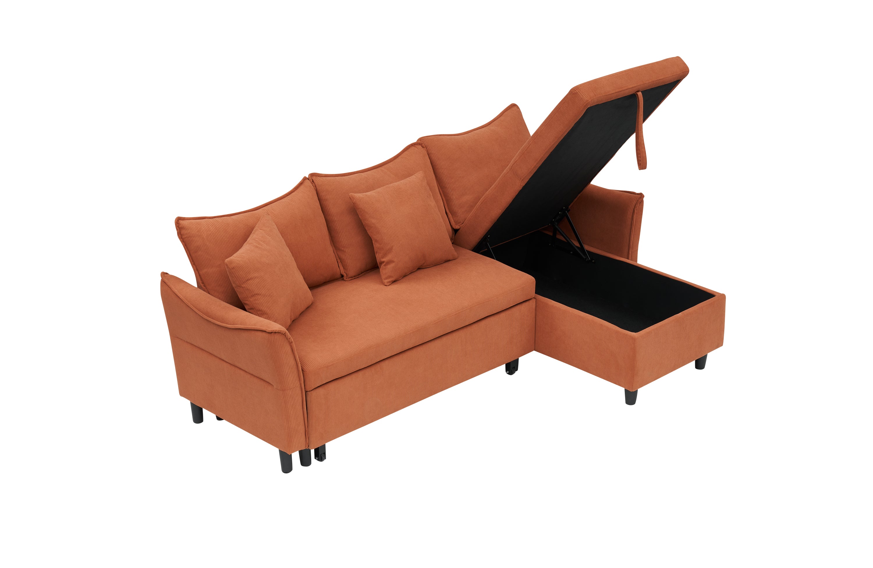 80" Orange Corduroy 3-Seater Sofa Bed With Two Small Pillows - Pull-Out Sofa With Storage For Living Room