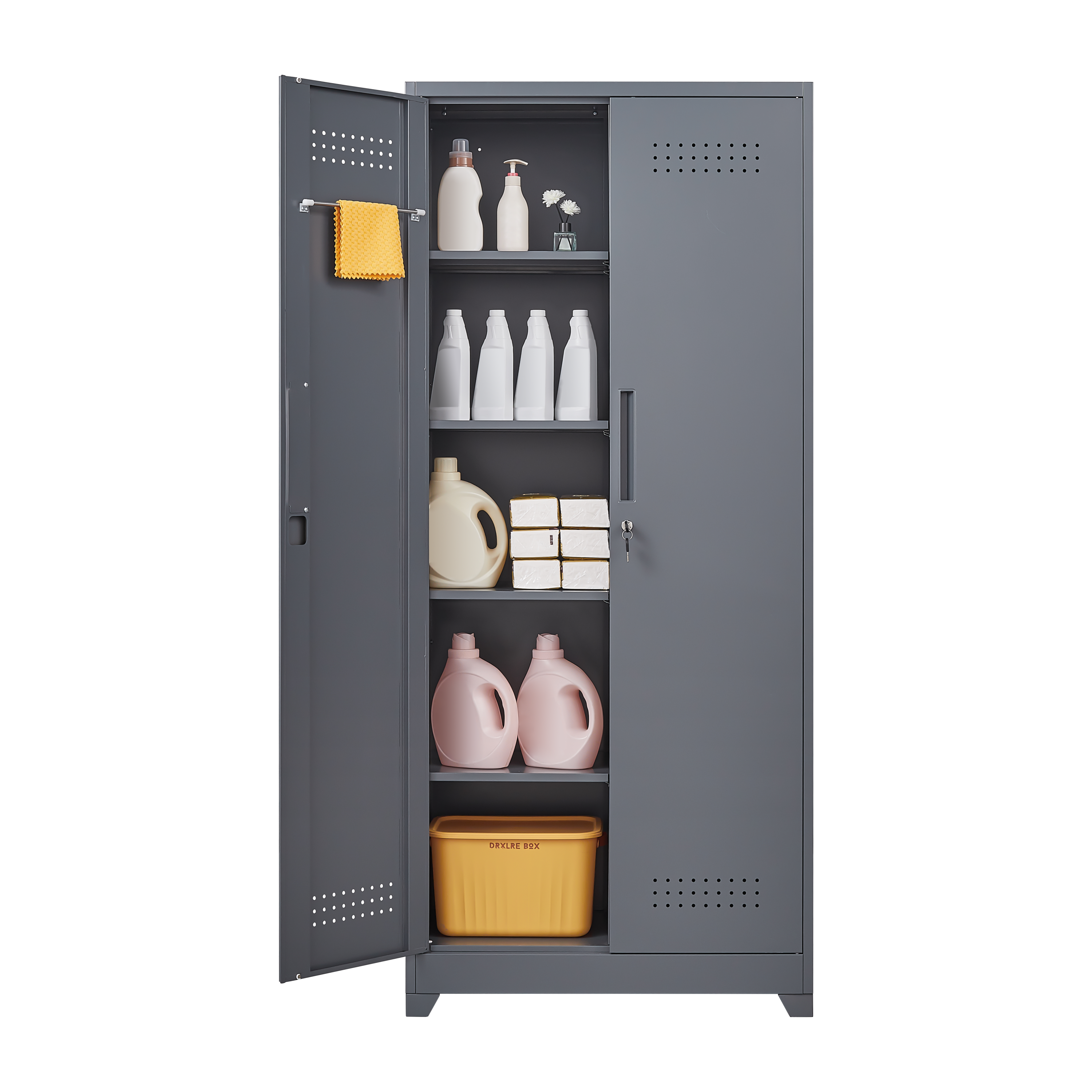 Metal Storage Cabinets, Cleaning Tool Cabinet with Locking Door, Tall Broom Tool Organizer and Storage, Large Storage Cabinet for Kitchen, Pantry, Office, Shop