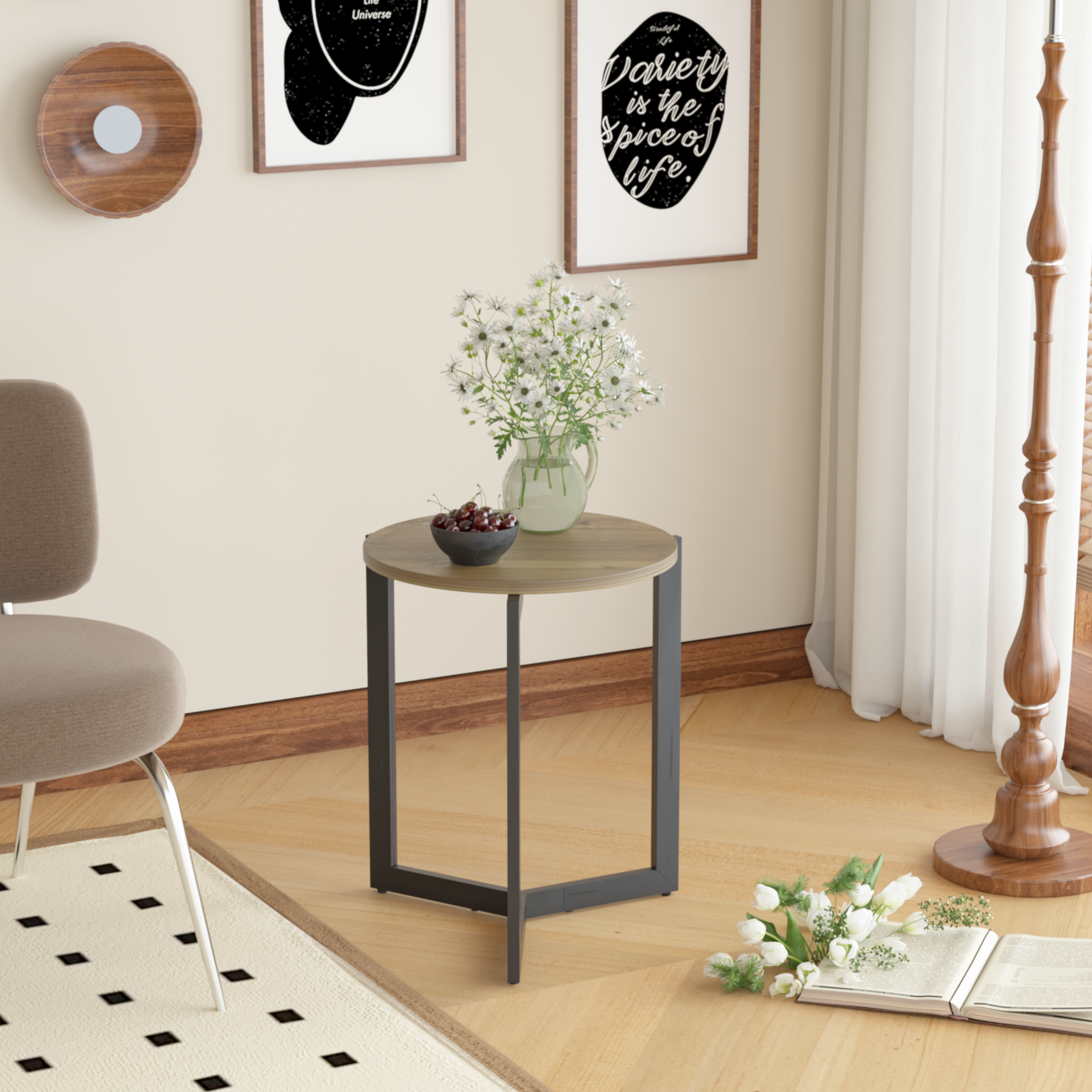 19.68''H Round Side Table, Round Accent End Table with Sturdy Metal Frame, Round Nightstand, for Living Room, Bedroom, Balcony, Office, Brown