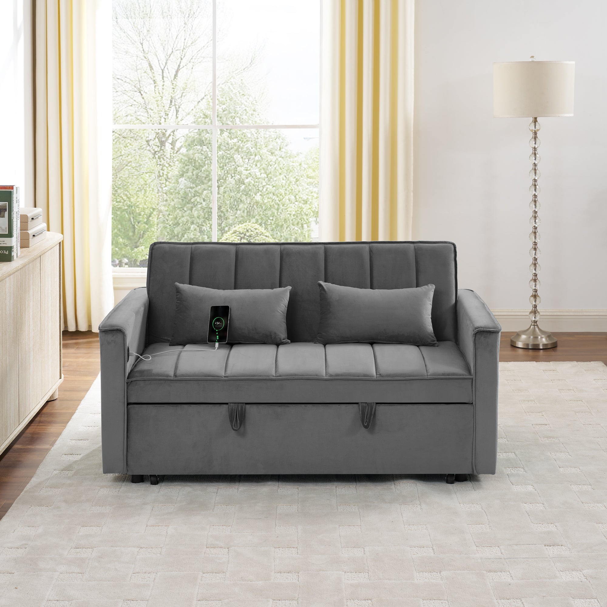 54.33" Modern Foldable Velvet Sofa Bed, Adjustable Back, Pull-Out Design, 3 Length Options, GRAY