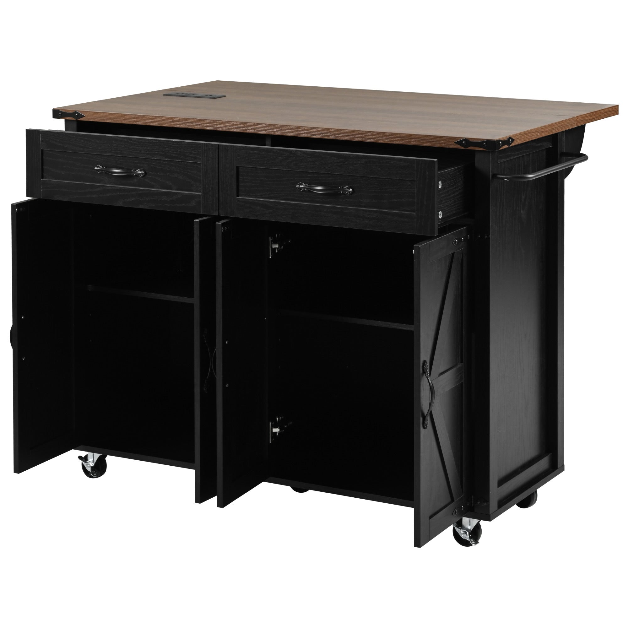 K&K 53.5''Farmhouse Kitchen Island with Drop Leaf, Spice Rack and Drawer, Rolling Kitchen Cart on Wheels, Black