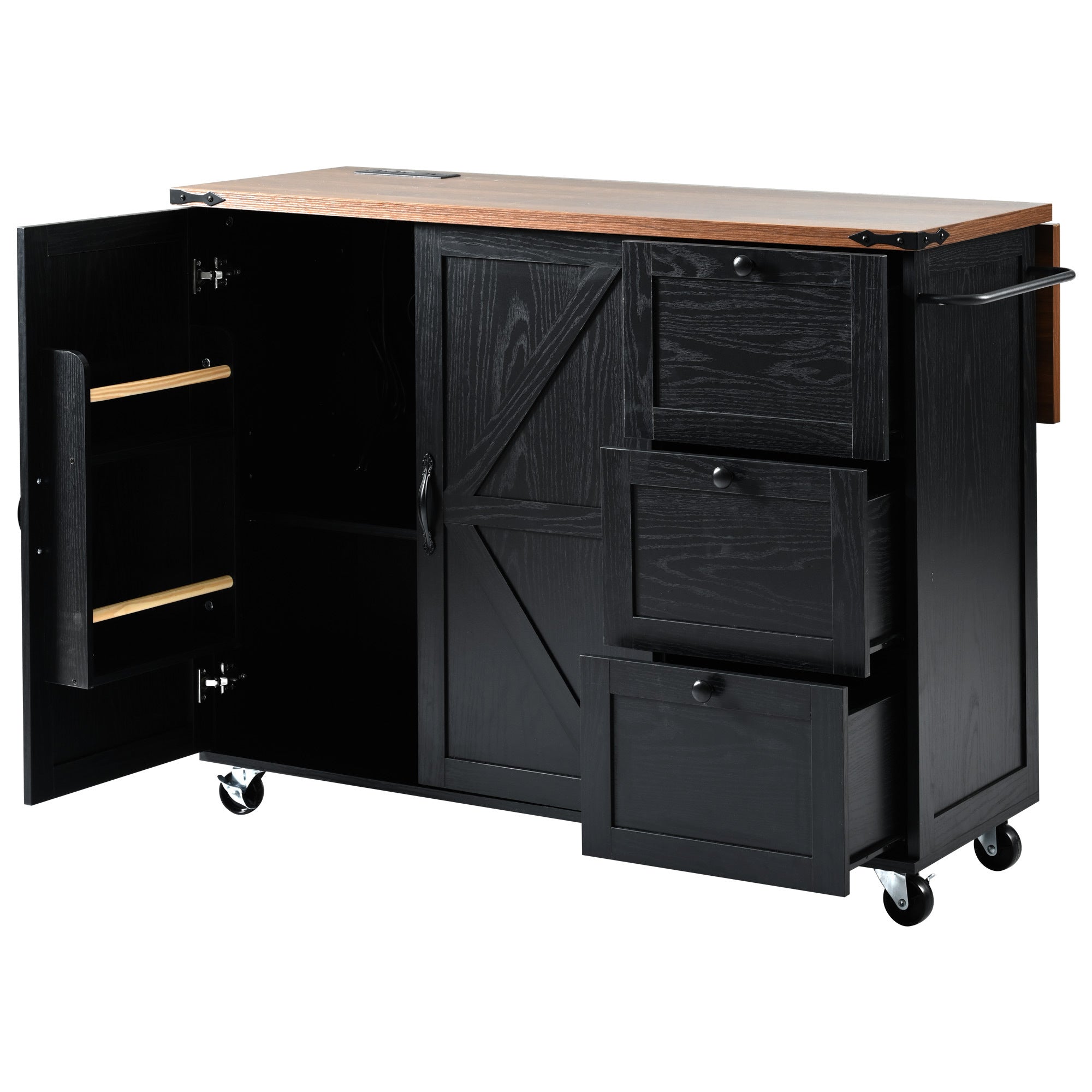 K&K 54.5" Kitchen Storage Island  with Internal Storage Rack, Drop Leaf, Spice Rack, Rolling Kitchen Cart on Wheels, Black