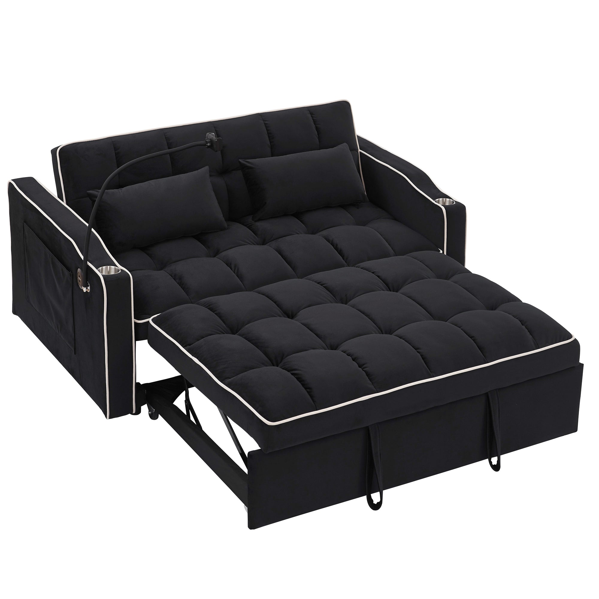 55.51" Foldable Velvet Sofa Bed with Adjustable Back, Pull-Out Design with USB Port, Ashtray, and Swivel Phone Stand, Black