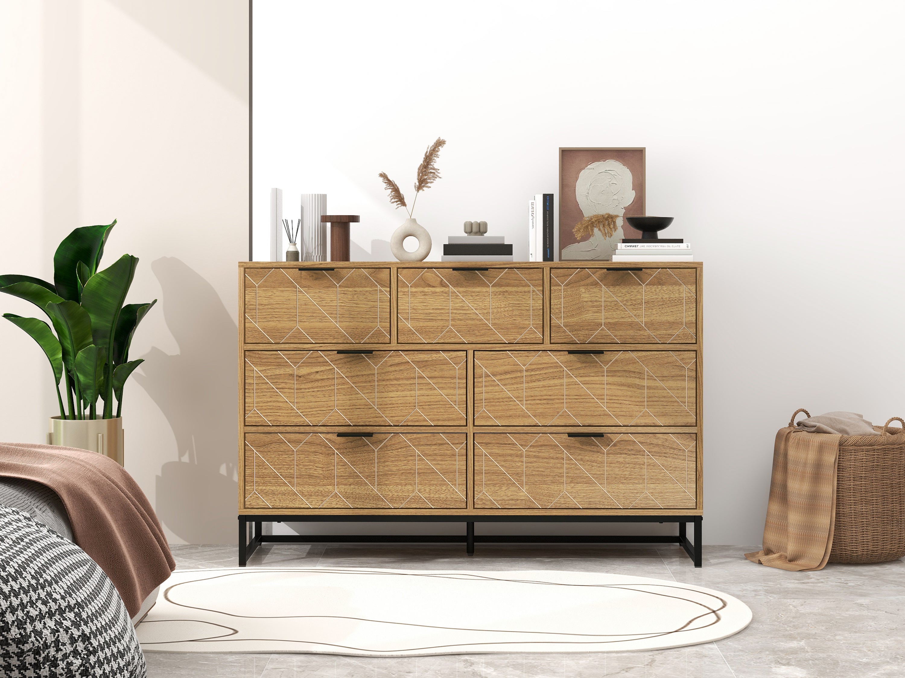 Modern 7 Drawer Dresser Wood Cabinet (Walnut)