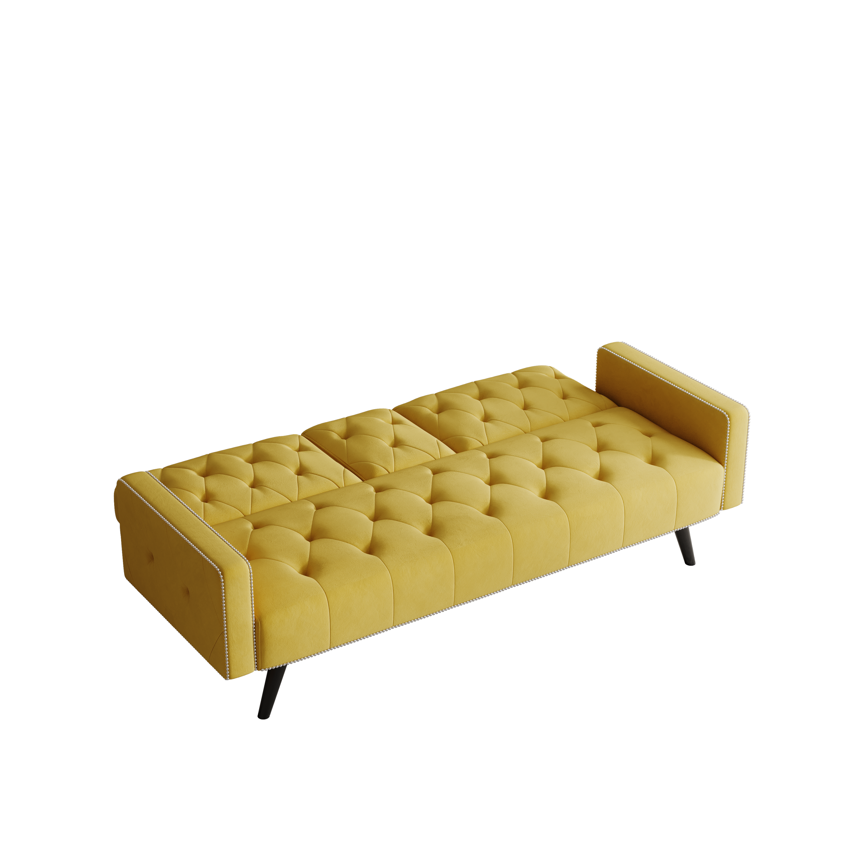 72" Yellow Velvet Sofa Bed with Nail Head Trim & Two Cup Holders Sleeper Sofa for Small Living Room