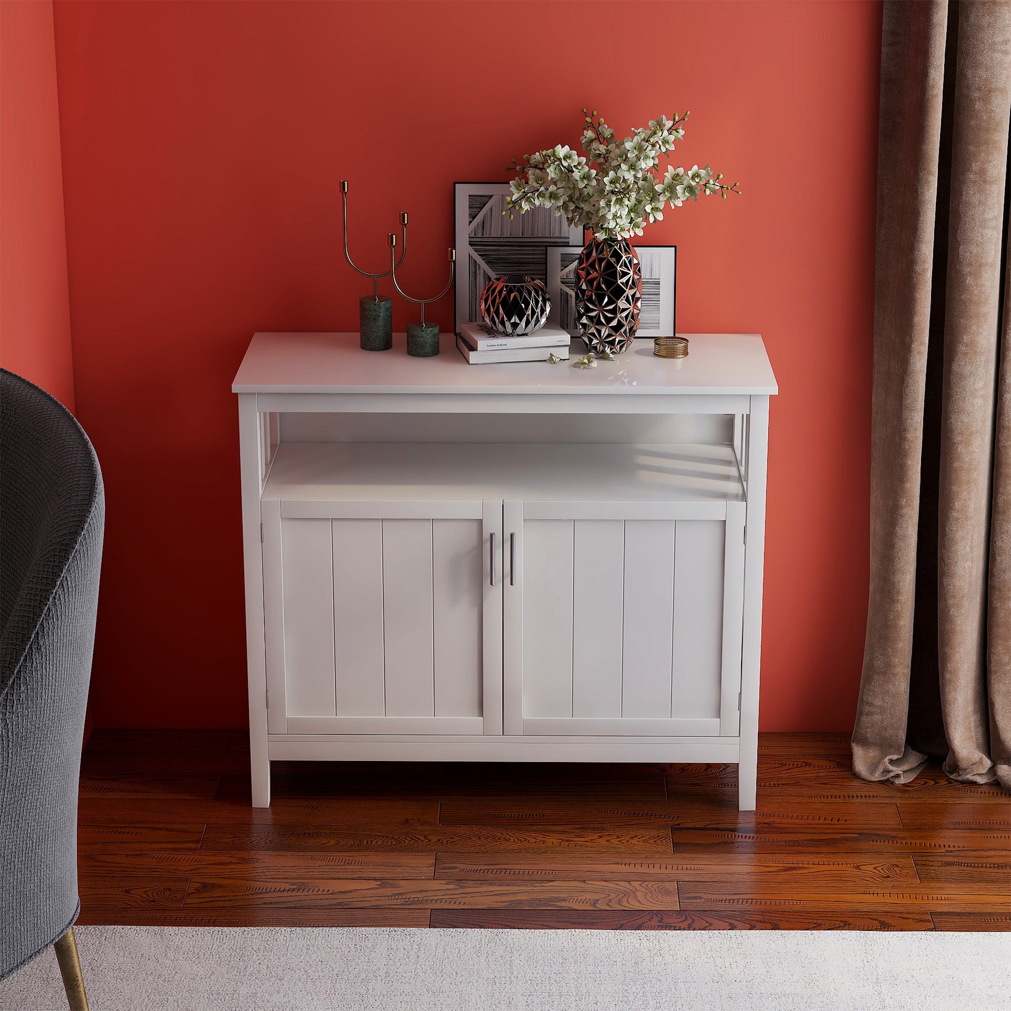 40" White MDF Sideboard with Doors for Storage - Ideal Buffet Design for Dining Room