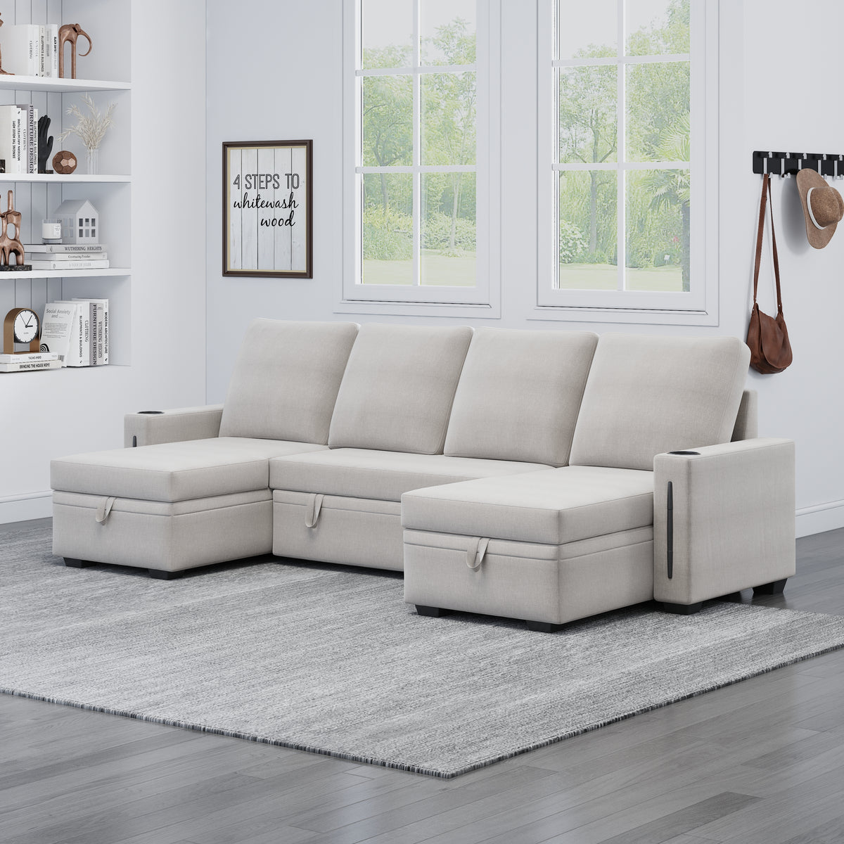 Sectional Sofa with Storage, 96" U Shaped Sectional Couches for Living Room, Comfy Convertible Sectional Sofa  - Beige