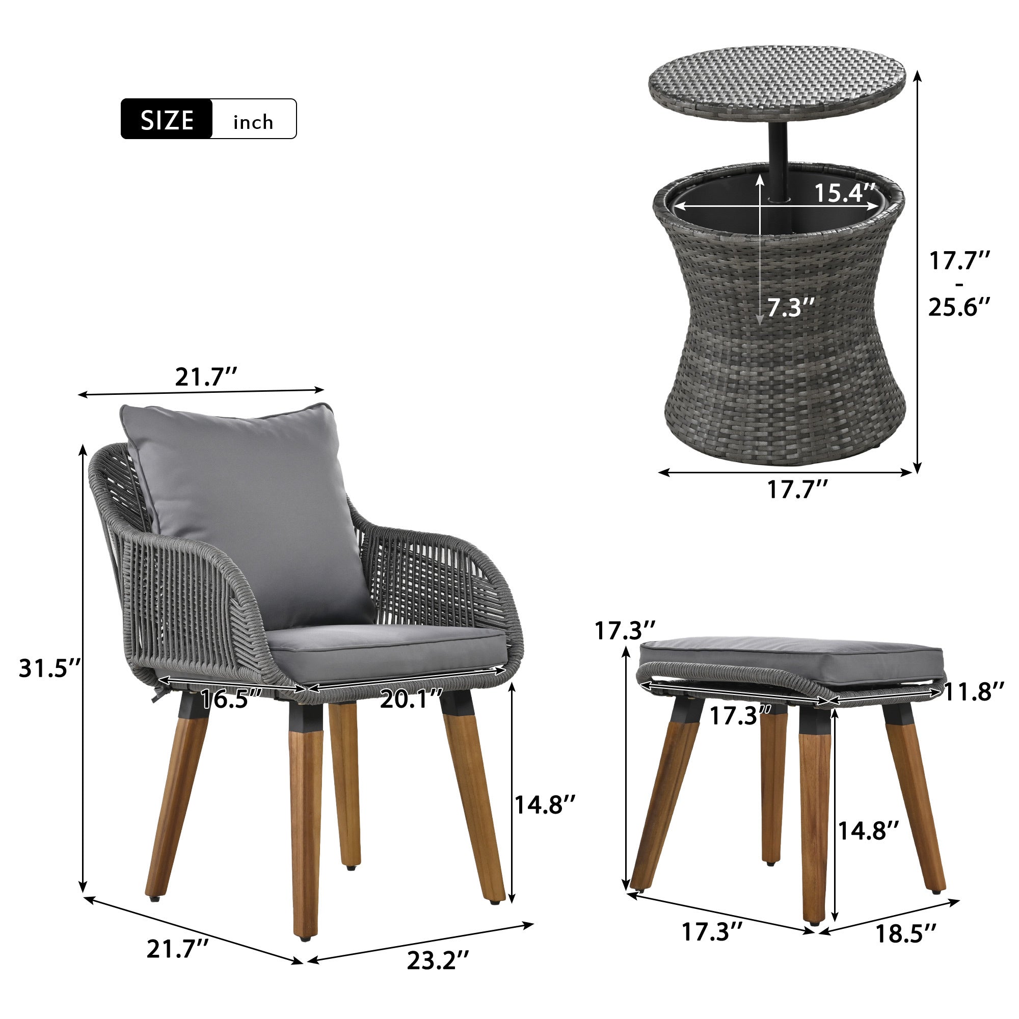 K&K 5 Pieces Garden Patio Furniture Set with Wicker Cool Bar Table, Ottomans for Outdoor Porch, Backyard, Balcony, Poolside - Grey