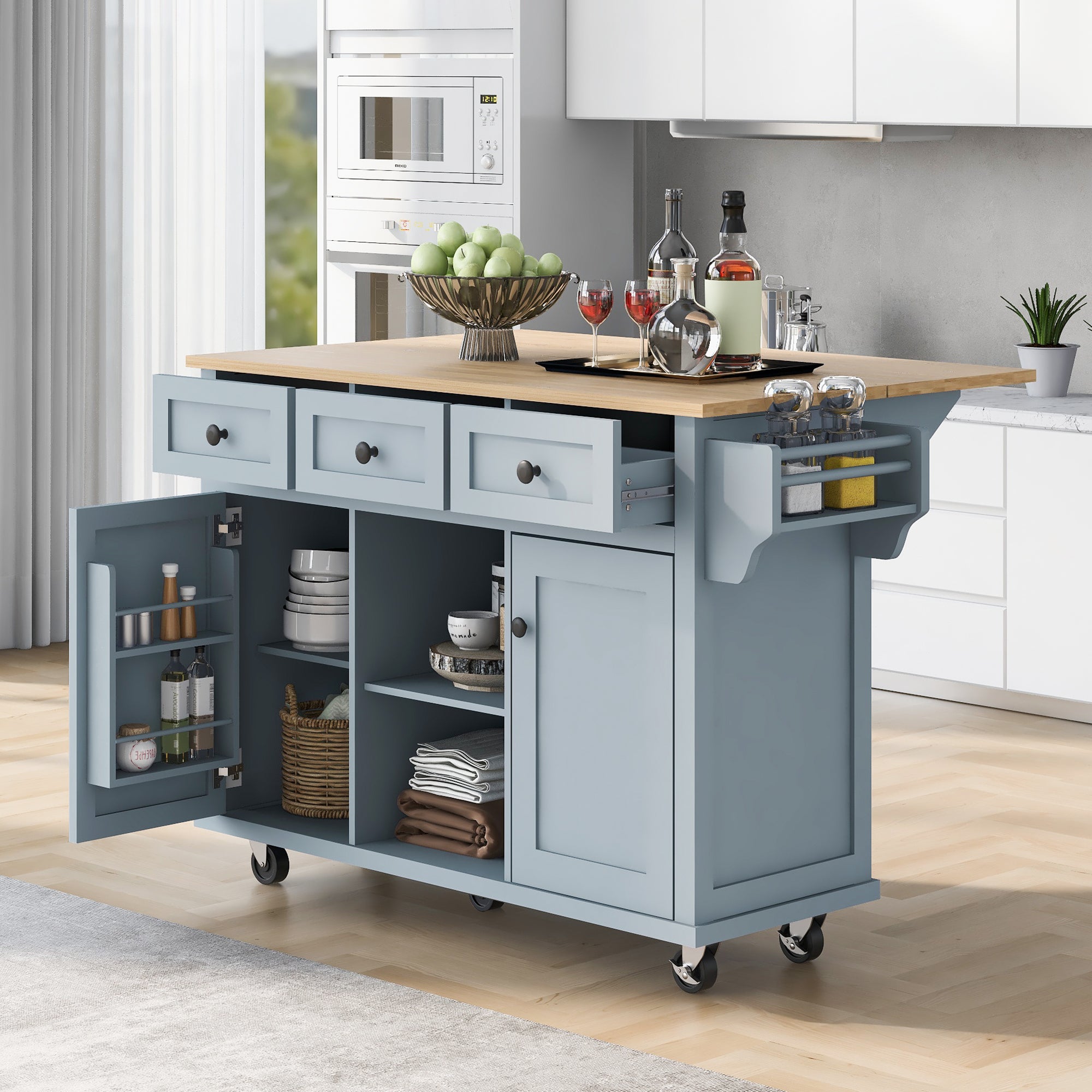 Kitchen Cart with Rubber wood Drop-Leaf Countertop on 5 Wheels with Storage Cabinet and 3 Drawers for Dinning Room, Grey Blue