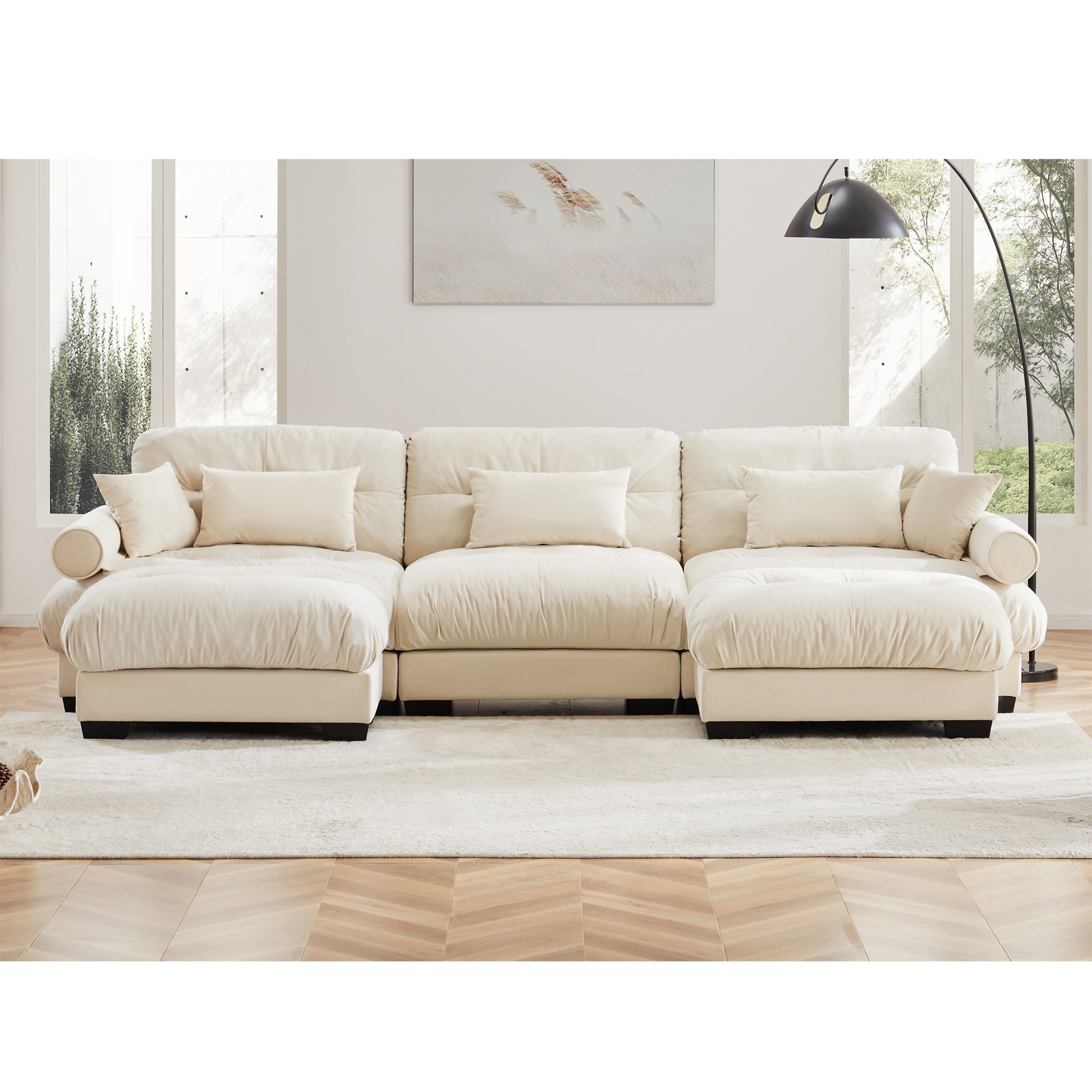 U-Shaped Modular Sectional Sofa with Movable Ottomans, Modern 3-Seater Corner Couch with Pillows and Bolstered Armrests, Cream