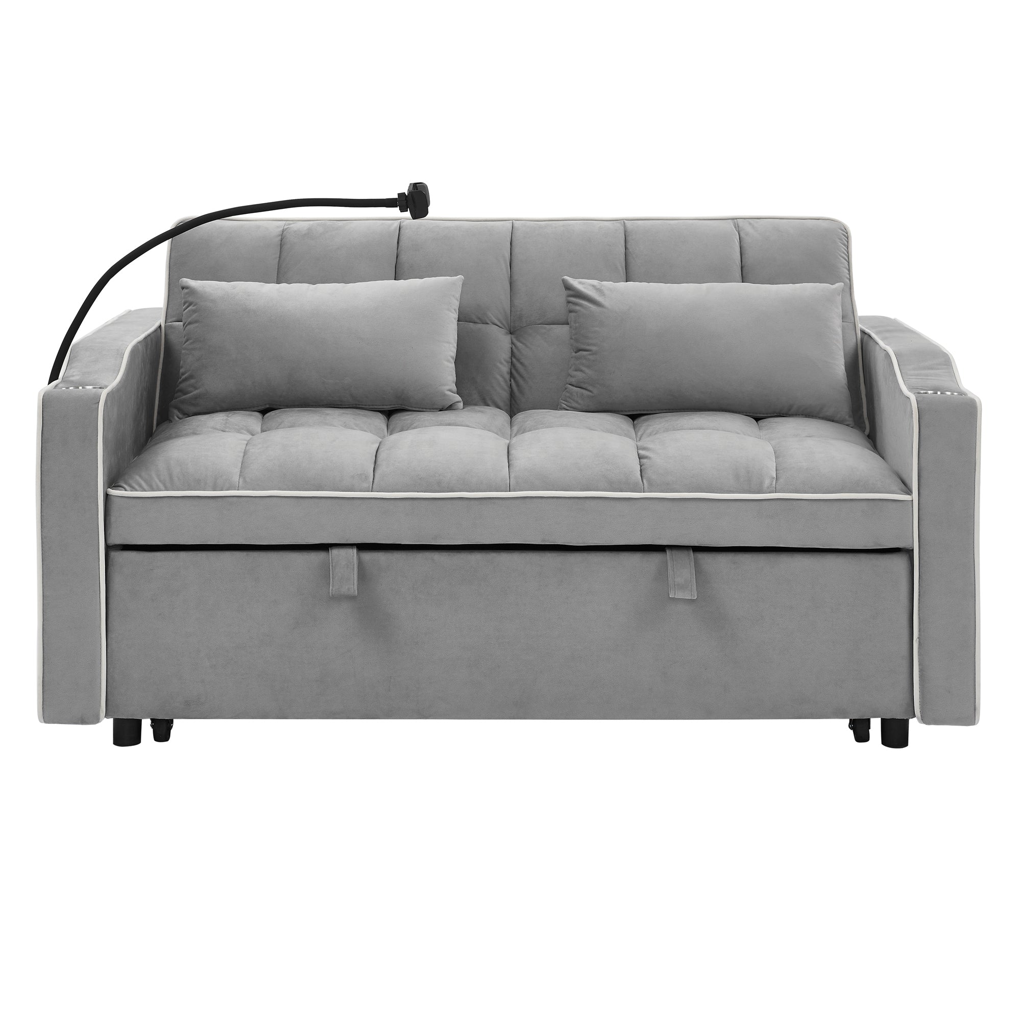 55.51" Foldable Velvet Sofa Bed with Adjustable Back, Pull-Out Design with USB Port, Ashtray, and Swivel Phone Stand, Gray