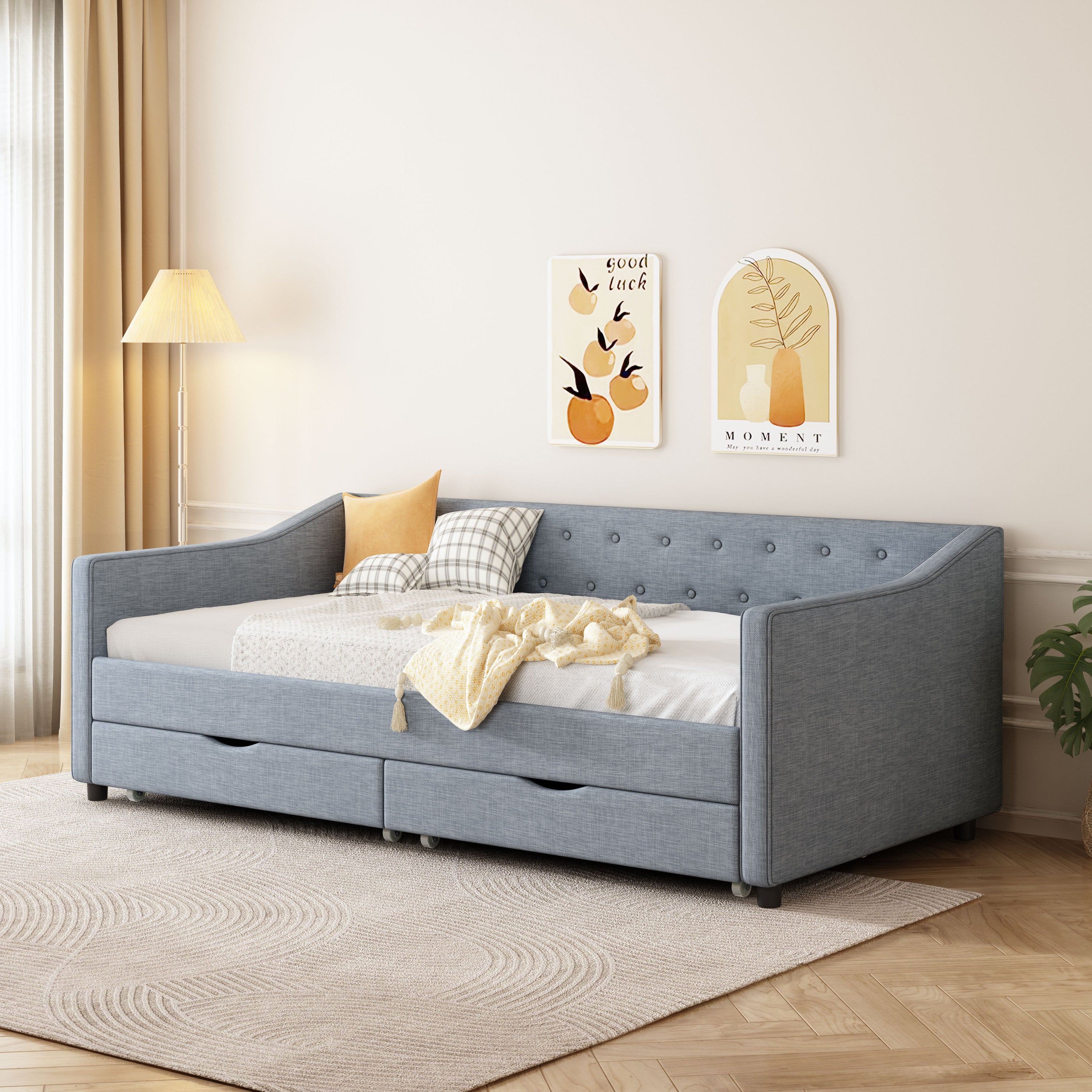 Twin Size Daybed with Drawers Upholstered Tufted Sofa Bed, with Button on Back and Piping on Waved Shape Arms-Light Grey