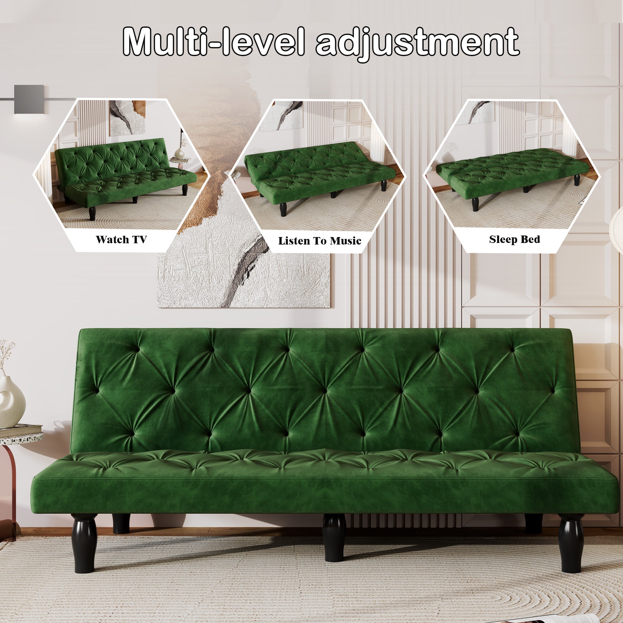 66" Green Velvet Sofa Bed Luxurious Pull-Out Sofa with Sponge Filling - Perfect Design for Living Room