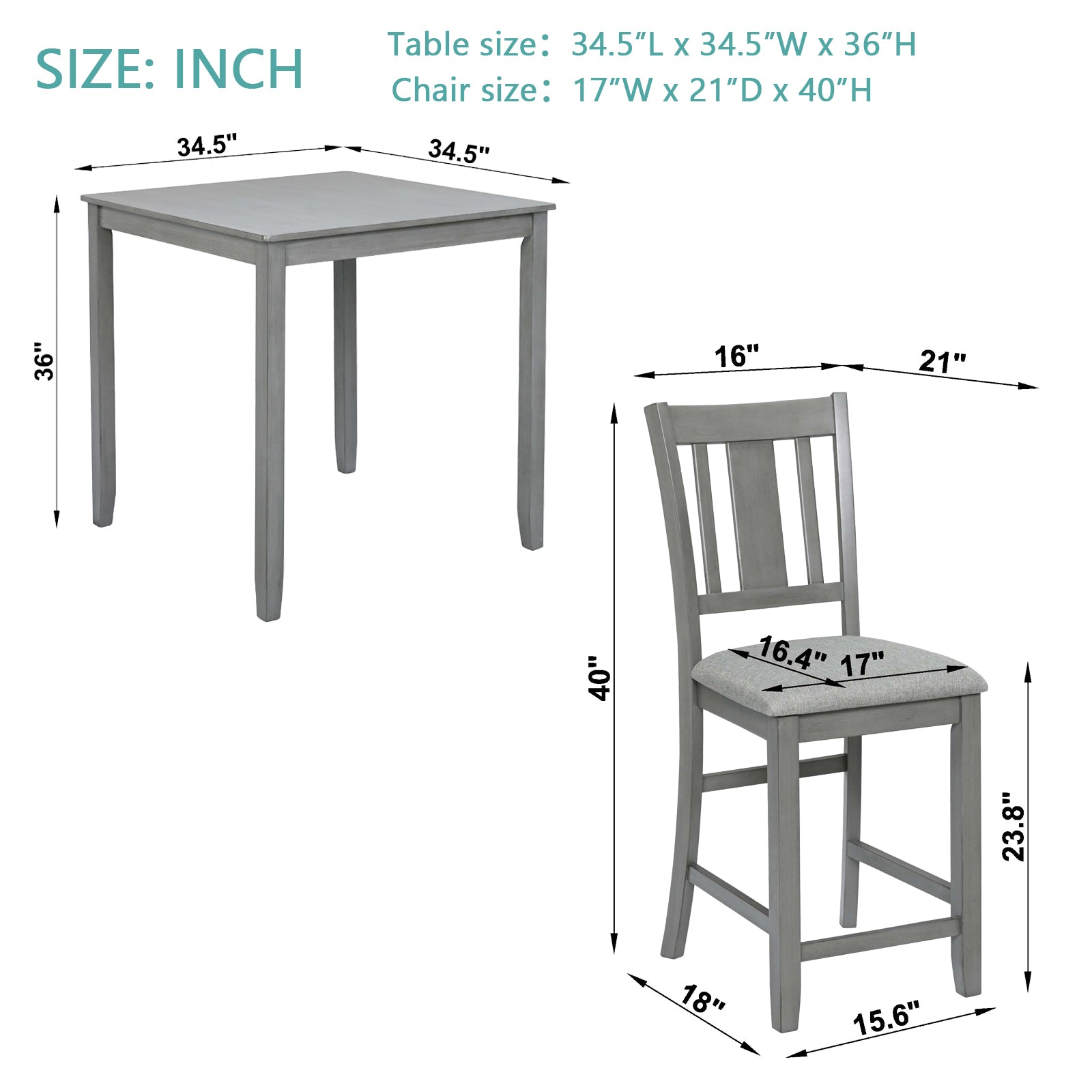 5 Piece Dining Table Set, Wooden Dining Square Table Set for 4, Counter Height Kitchen Table Set with Square Table and 4 Upholstered Chairs for Small Space, Gray