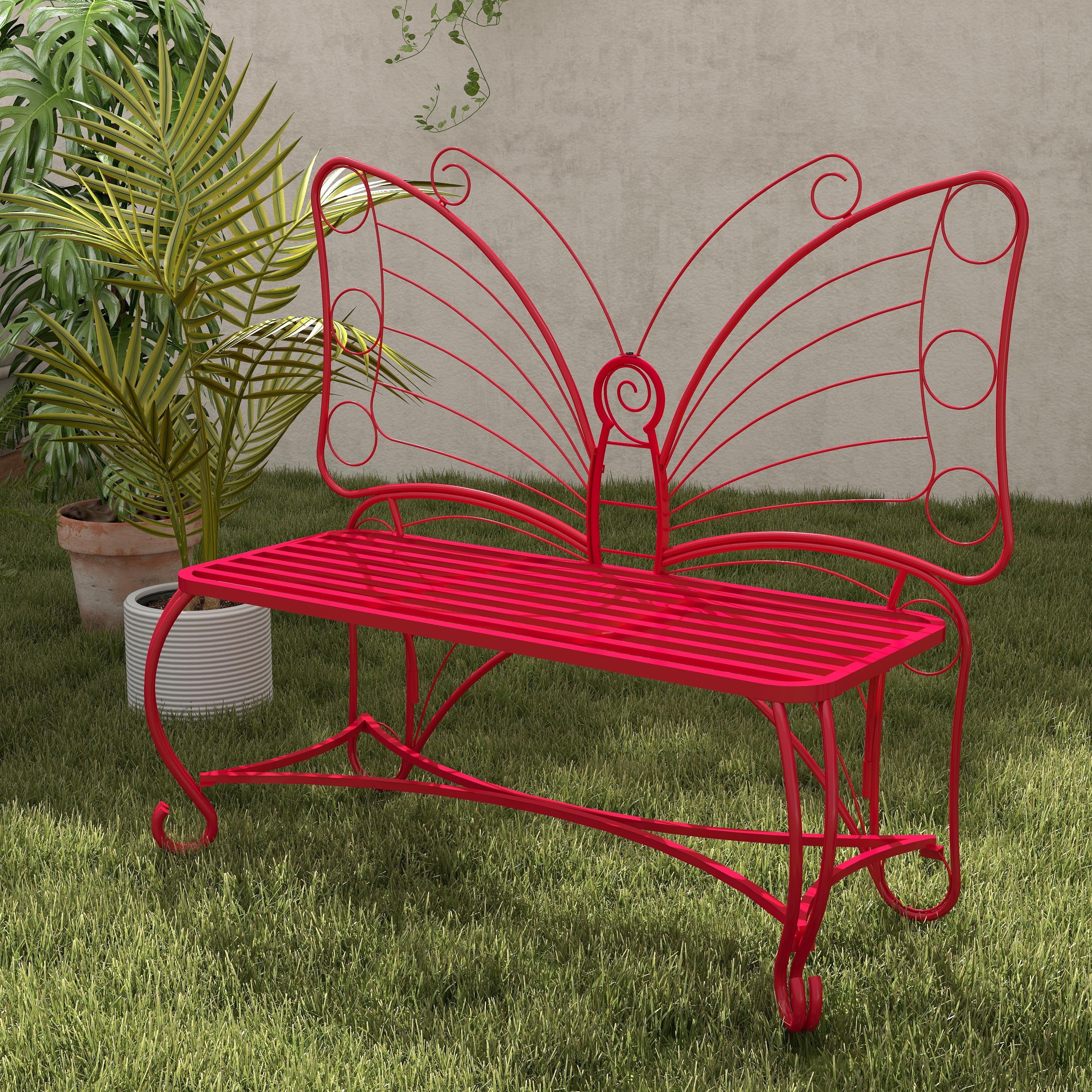 Butterfly Cast Metal Garden Bench, Outdoor Patio Bench for Yard & Entryway
