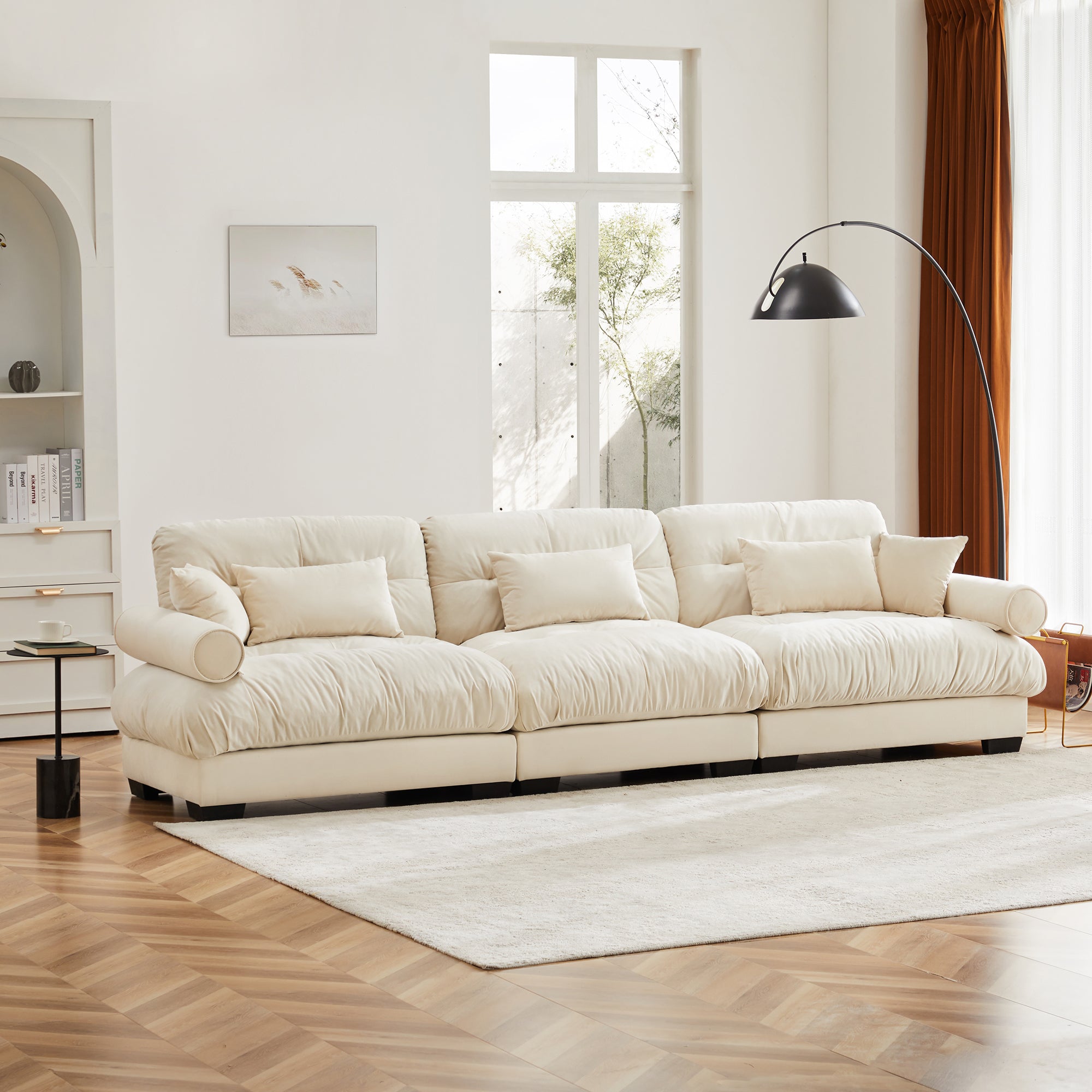 Extra-Large 3-Seater Modern Velvet Sofa, Oversized Cloud-Like Comfort with Waist and Throw Pillows, Beige