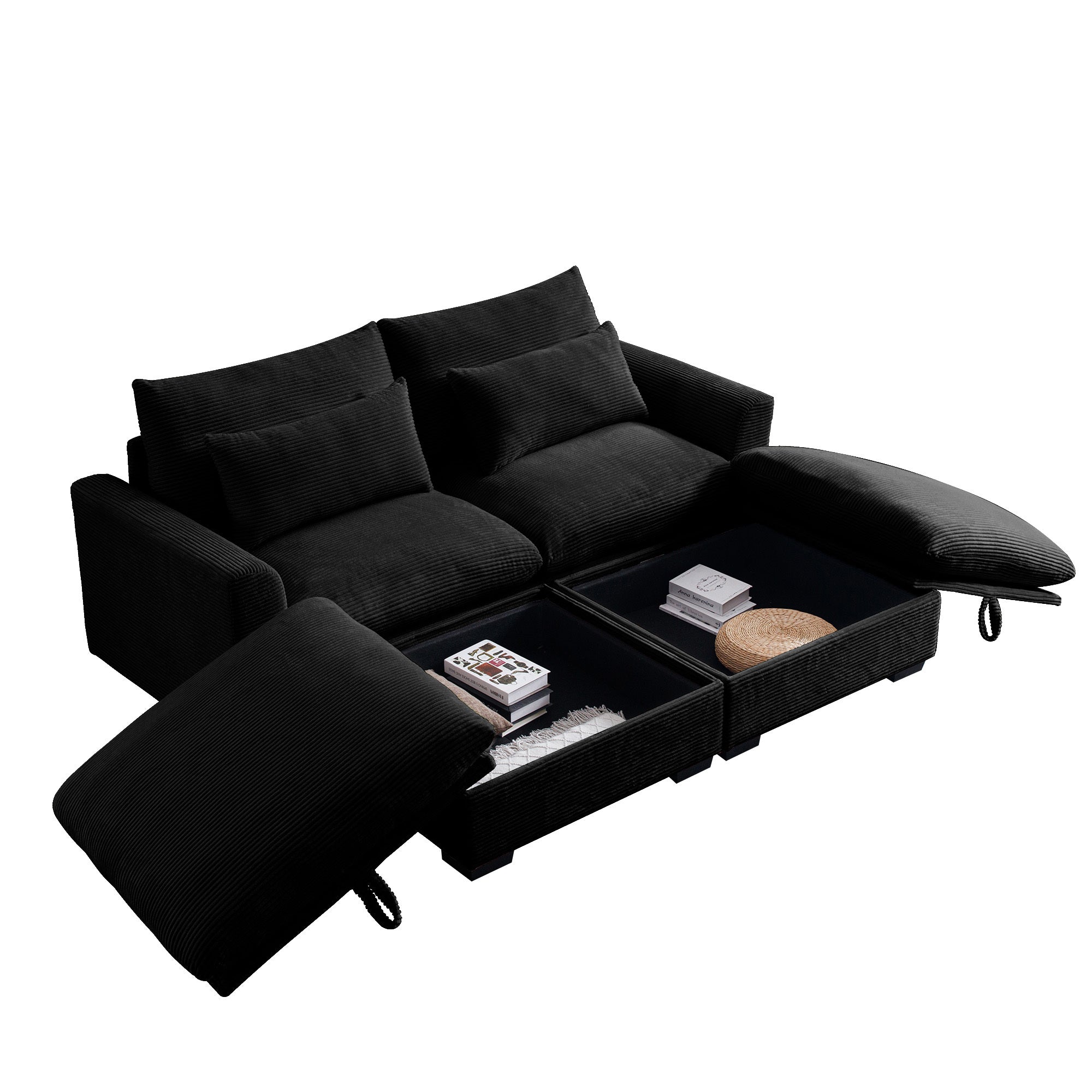 Corduroy Two-Seater Sofa with 2 Storage Footrest,2 Seater Sectional  deep seat sofa,Comfy Couches for Living Room,Black Sofa